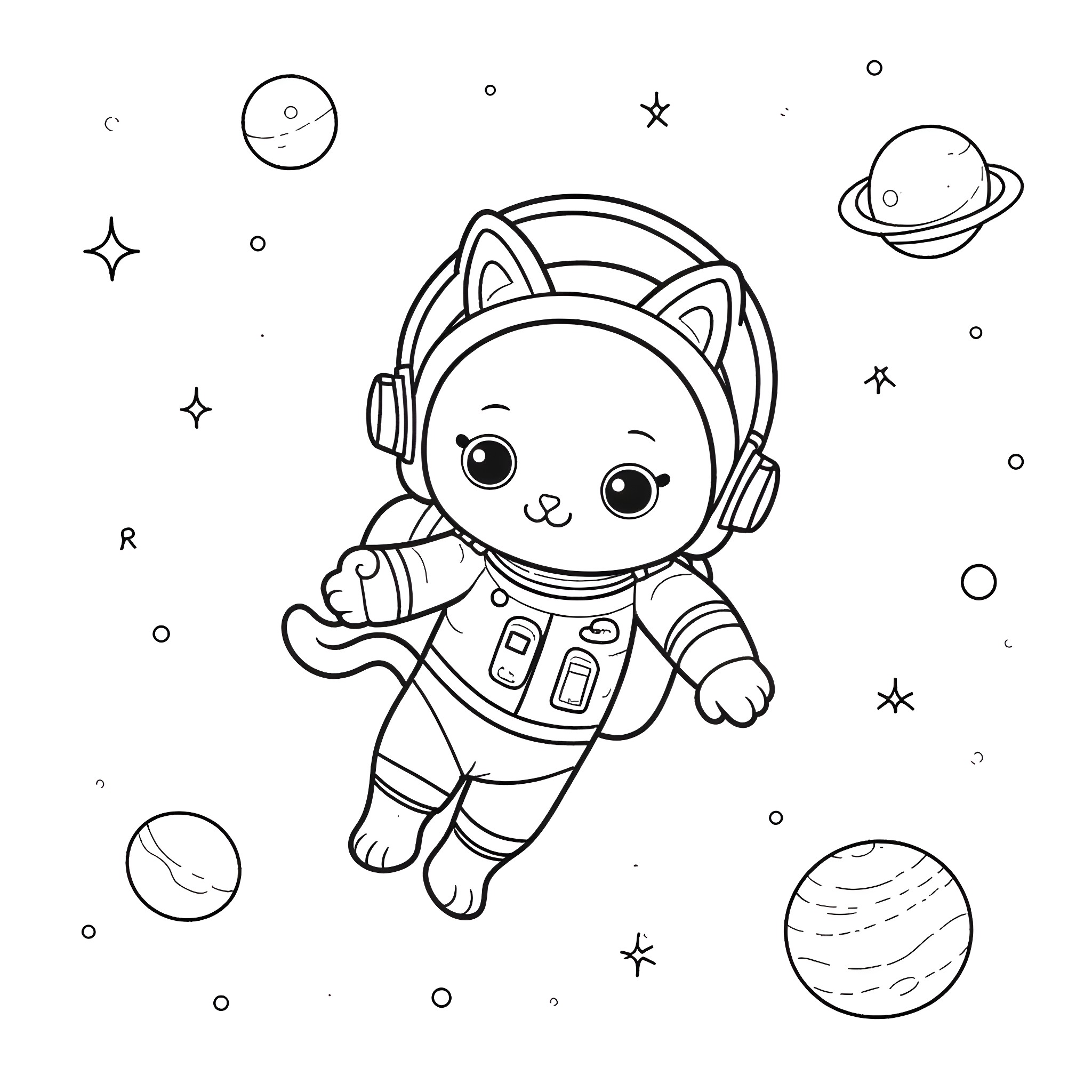 Kitten astronaut exploring the galaxy Coloring Page (free black-and-white line drawing printable PDF for all, from beginners to advanced learners, including children, teens, adults, and seniors)
