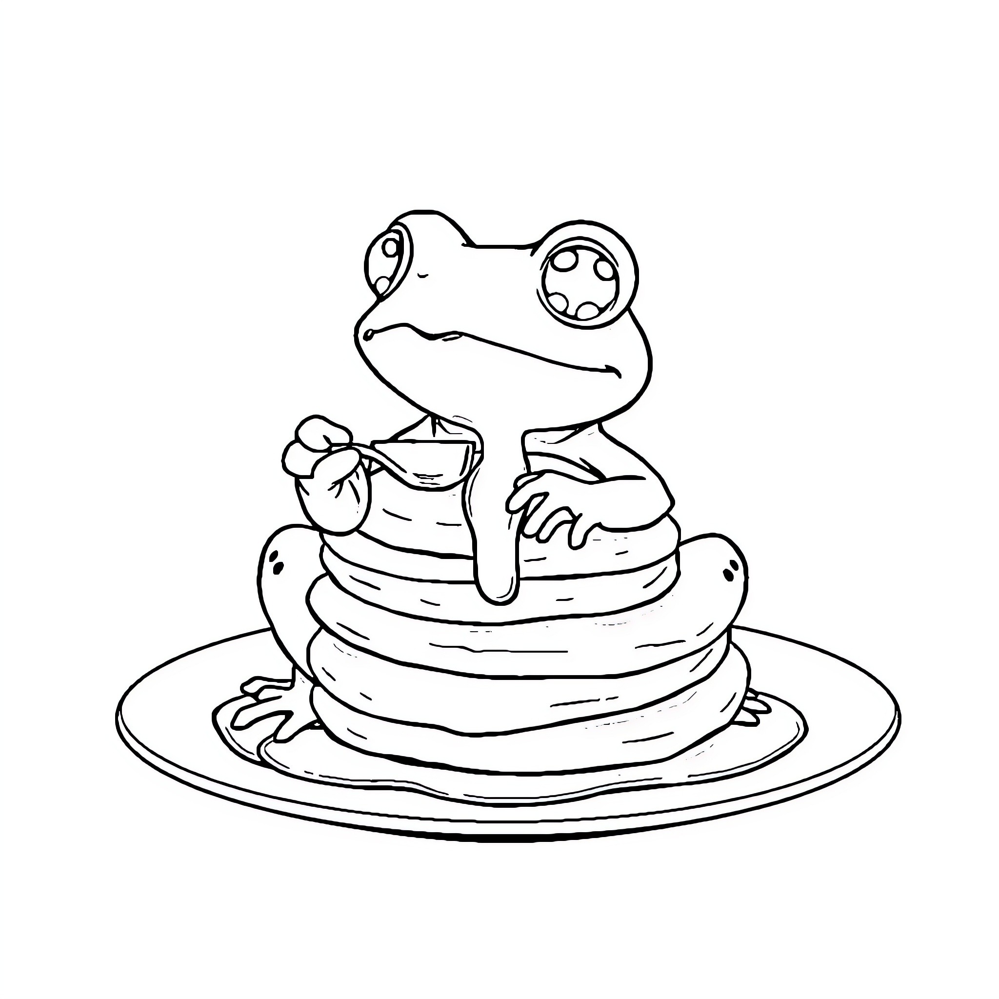 Toad enjoying a stack of pancakes Coloring Page (free black-and-white line drawing printable PDF for all, from beginners to advanced learners, including children, teens, adults, and seniors)