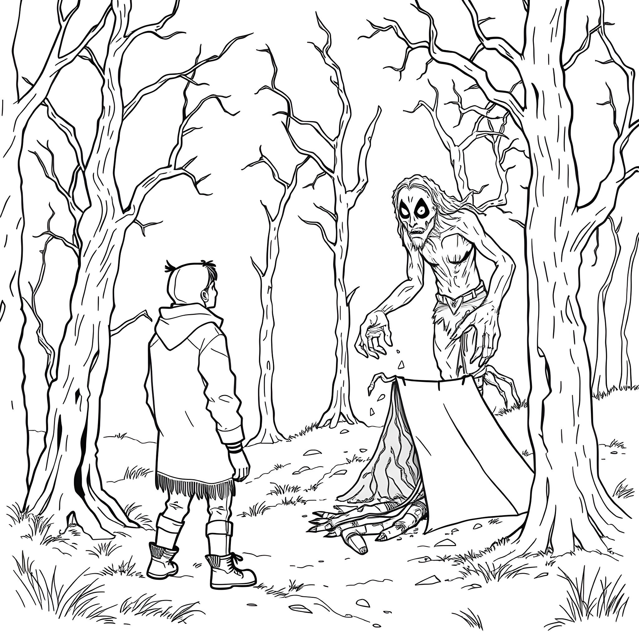 Camper encounters a spooky creature in the dark forest Coloring Page (free black-and-white line drawing printable PDF for all, from beginners to advanced learners, including children, teens, adults, and seniors)