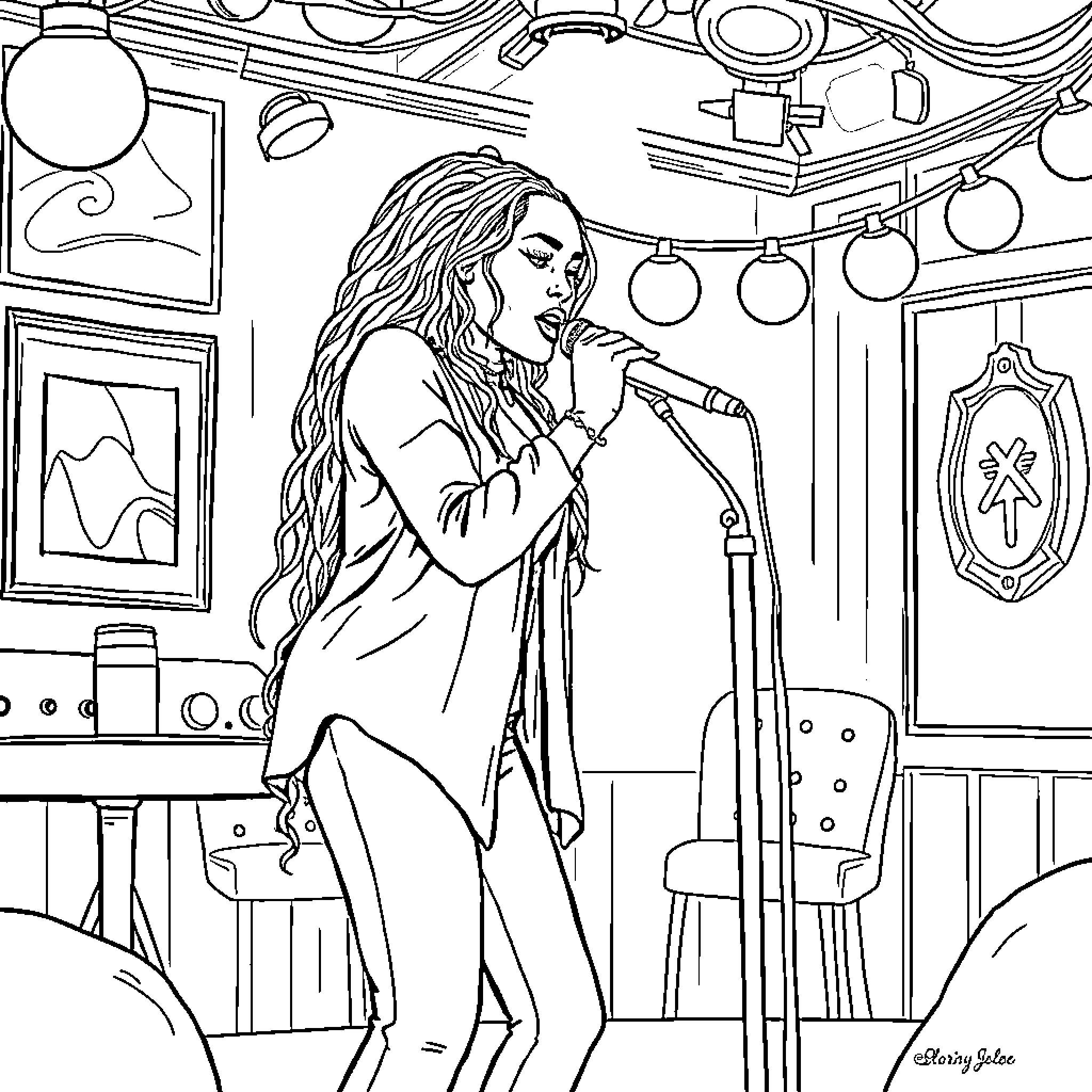 Aaliyah Performs Soulful Rendition on Stage Coloring Page (free black-and-white line drawing printable PDF for all, from beginners to advanced learners, including children, teens, adults, and seniors)