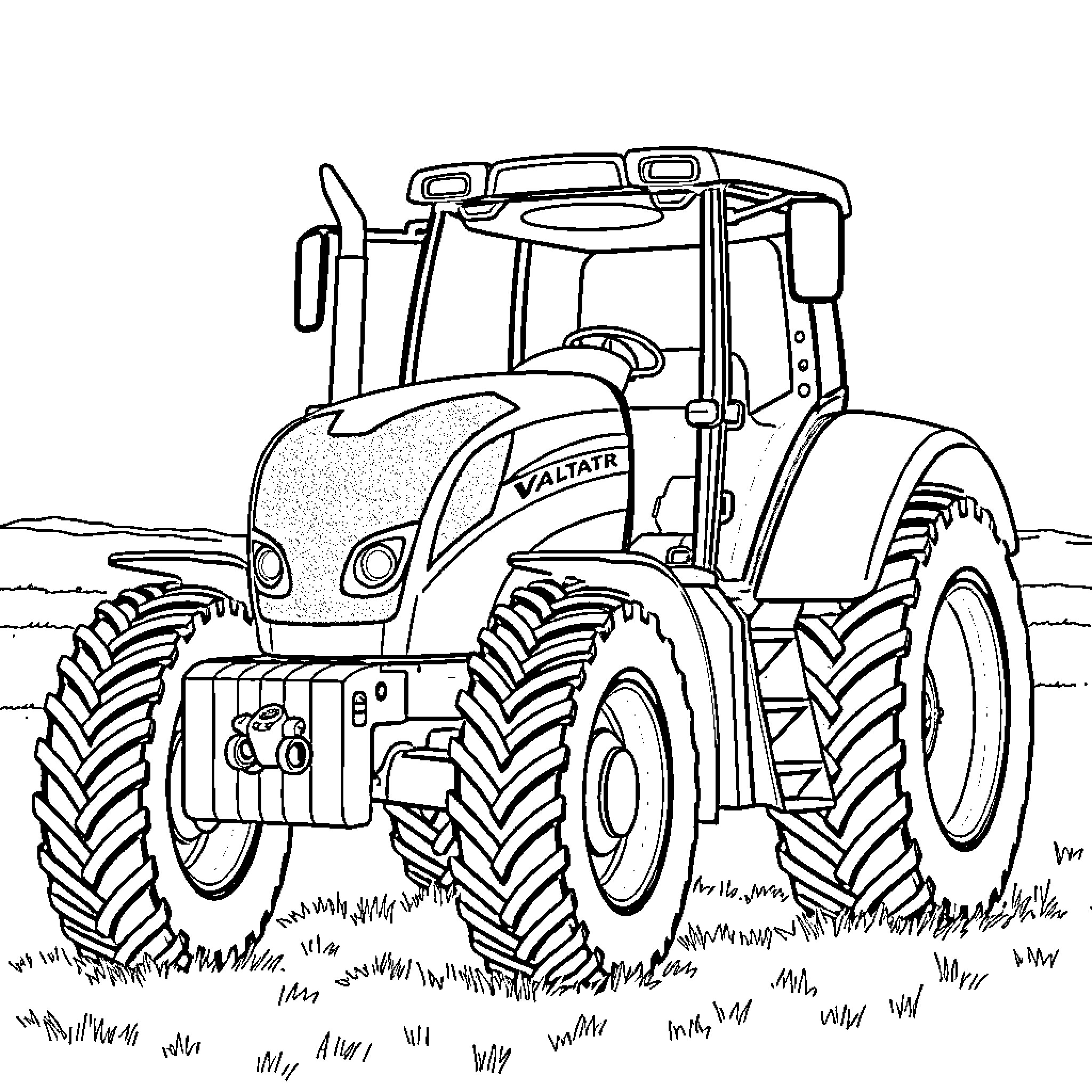 Valtra tractor in action on the field Coloring Page (free black-and-white line drawing printable PDF for all, from beginners to advanced learners, including children, teens, adults, and seniors)