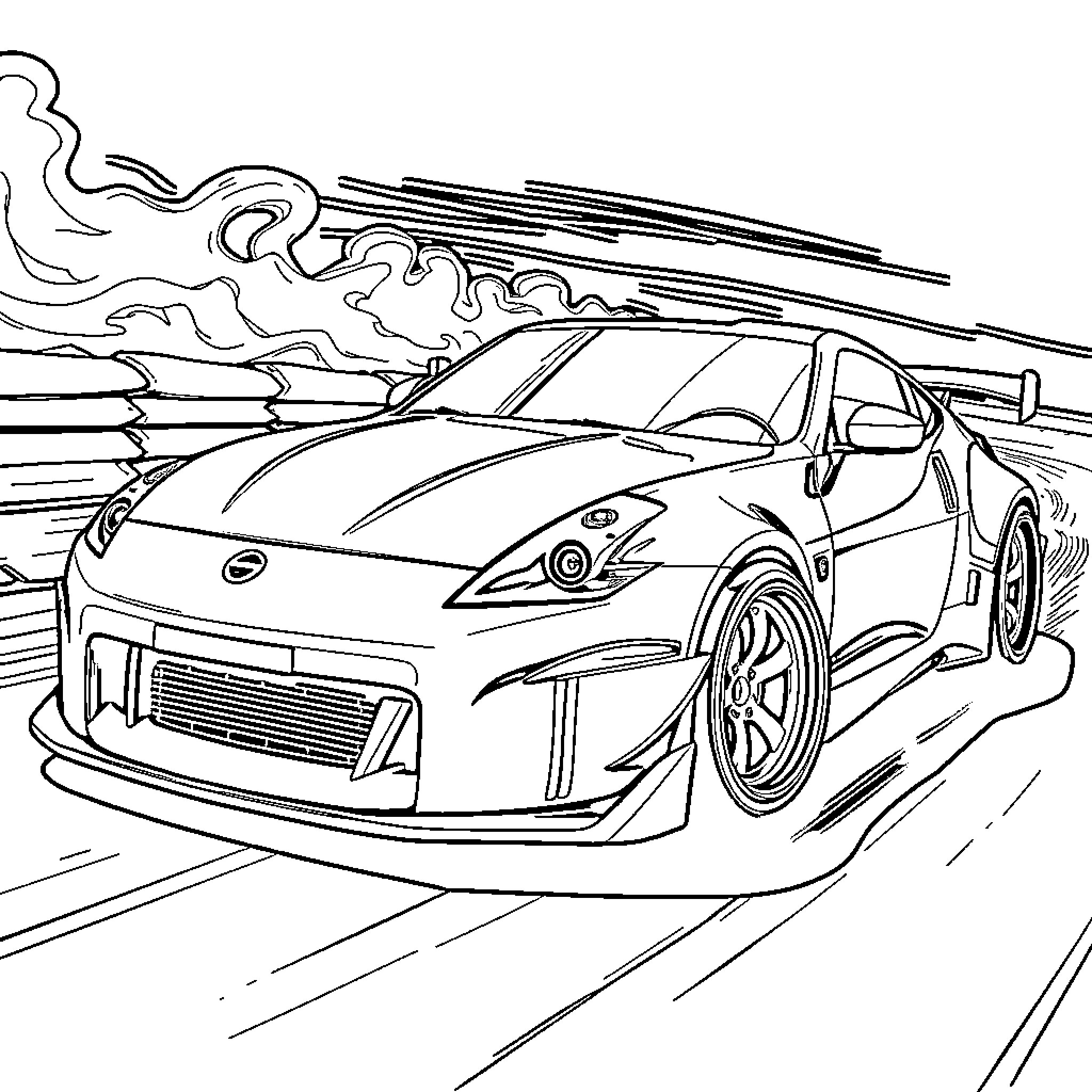 350z racing through the streets Coloring Page (free black-and-white line drawing printable PDF for all, from beginners to advanced learners, including children, teens, adults, and seniors)