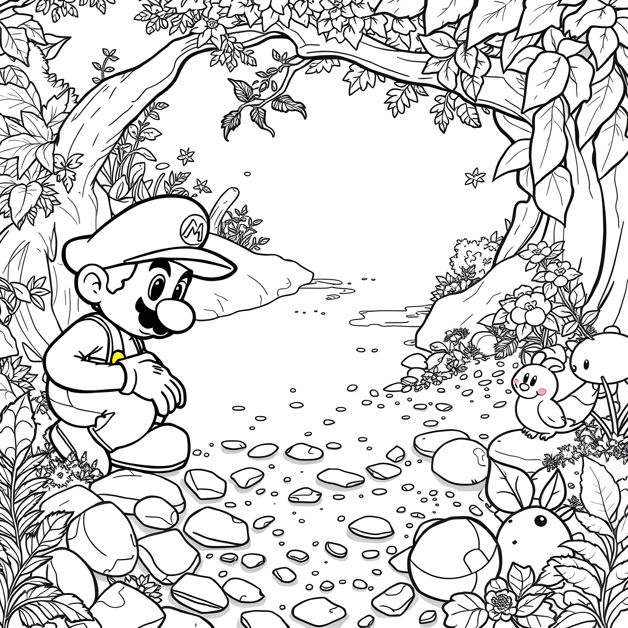Mario exploring the forest with animal friends Coloring Page (free black-and-white line drawing printable PDF for all, from beginners to advanced learners, including children, teens, adults, and seniors)