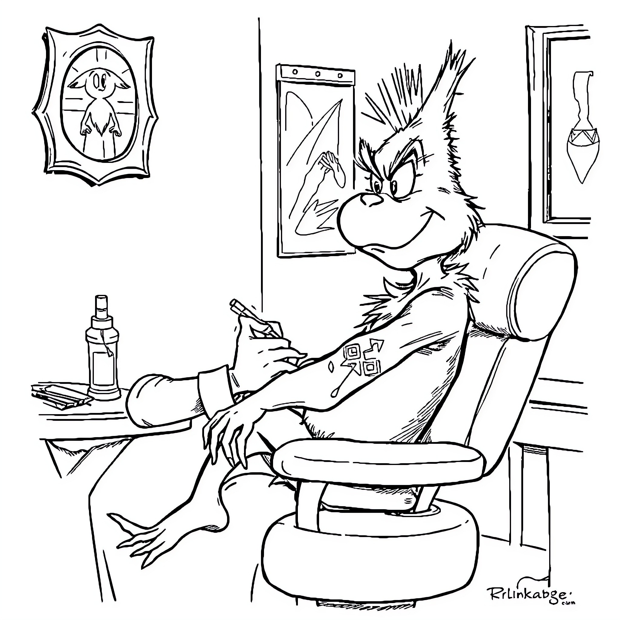 Grinch relaxing in his chair with a drink Coloring Page (free black-and-white line drawing printable PDF for all, from beginners to advanced learners, including children, teens, adults, and seniors)