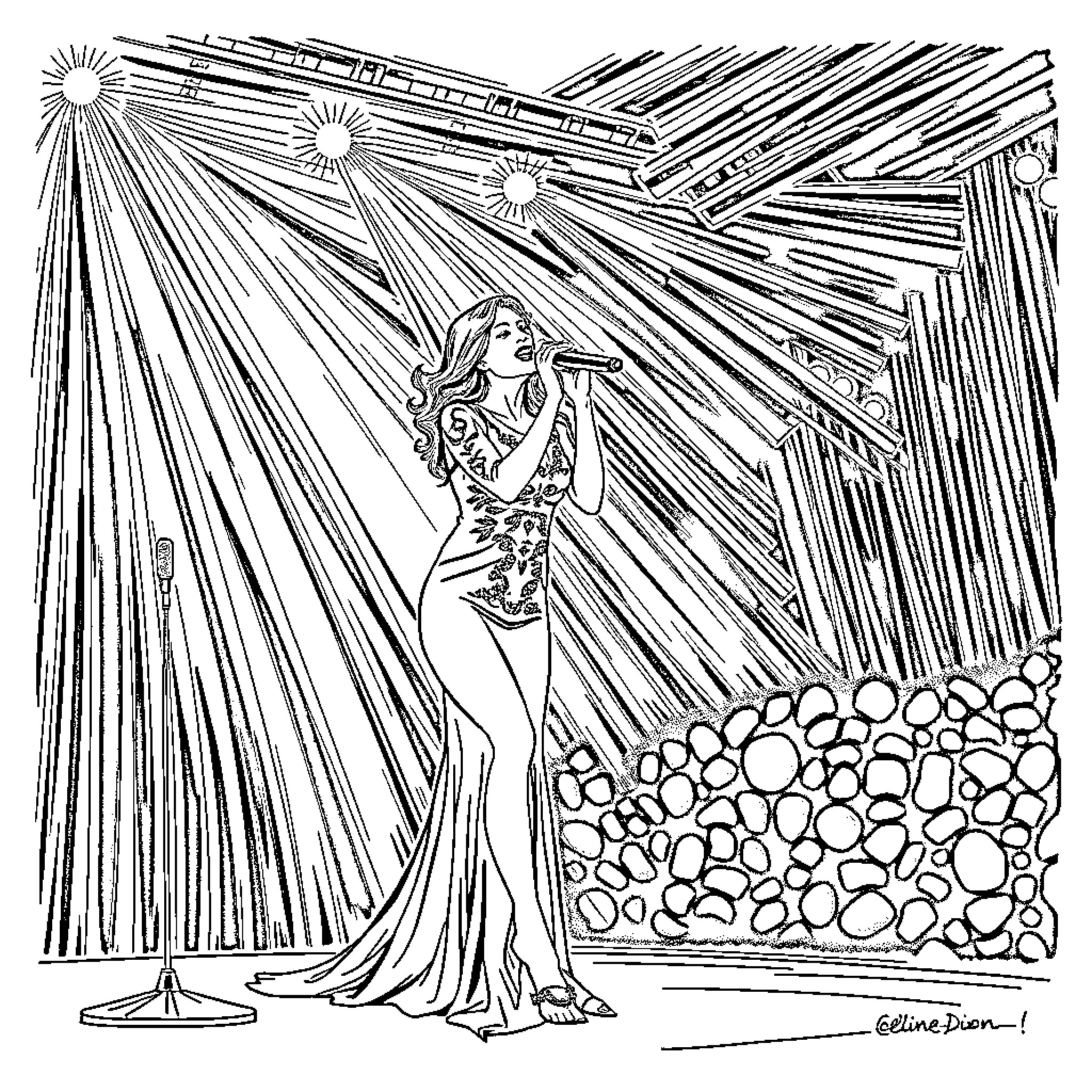 Céline Dion Performing on Stage with Dramatic Lighting Coloring Page (free black-and-white line drawing printable PDF for all, from beginners to advanced learners, including children, teens, adults, and seniors)