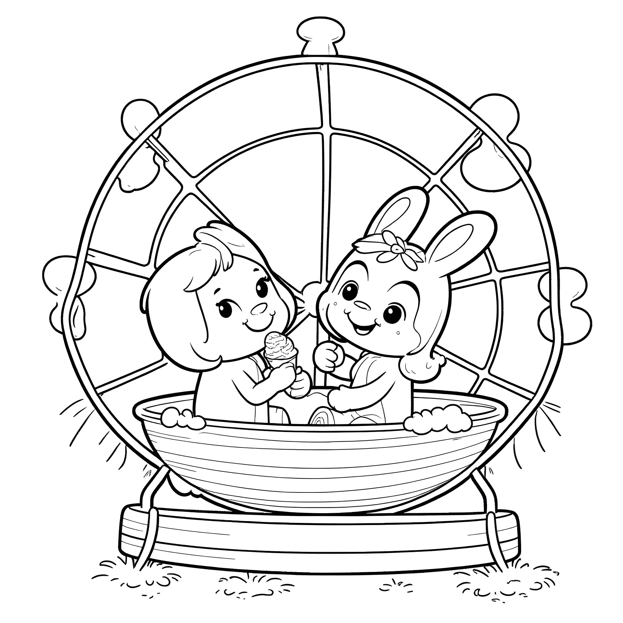 Bluey and Bingo playing in a wheel-shaped playset Coloring Page (free black-and-white line drawing printable PDF for all, from beginners to advanced learners, including children, teens, adults, and seniors)