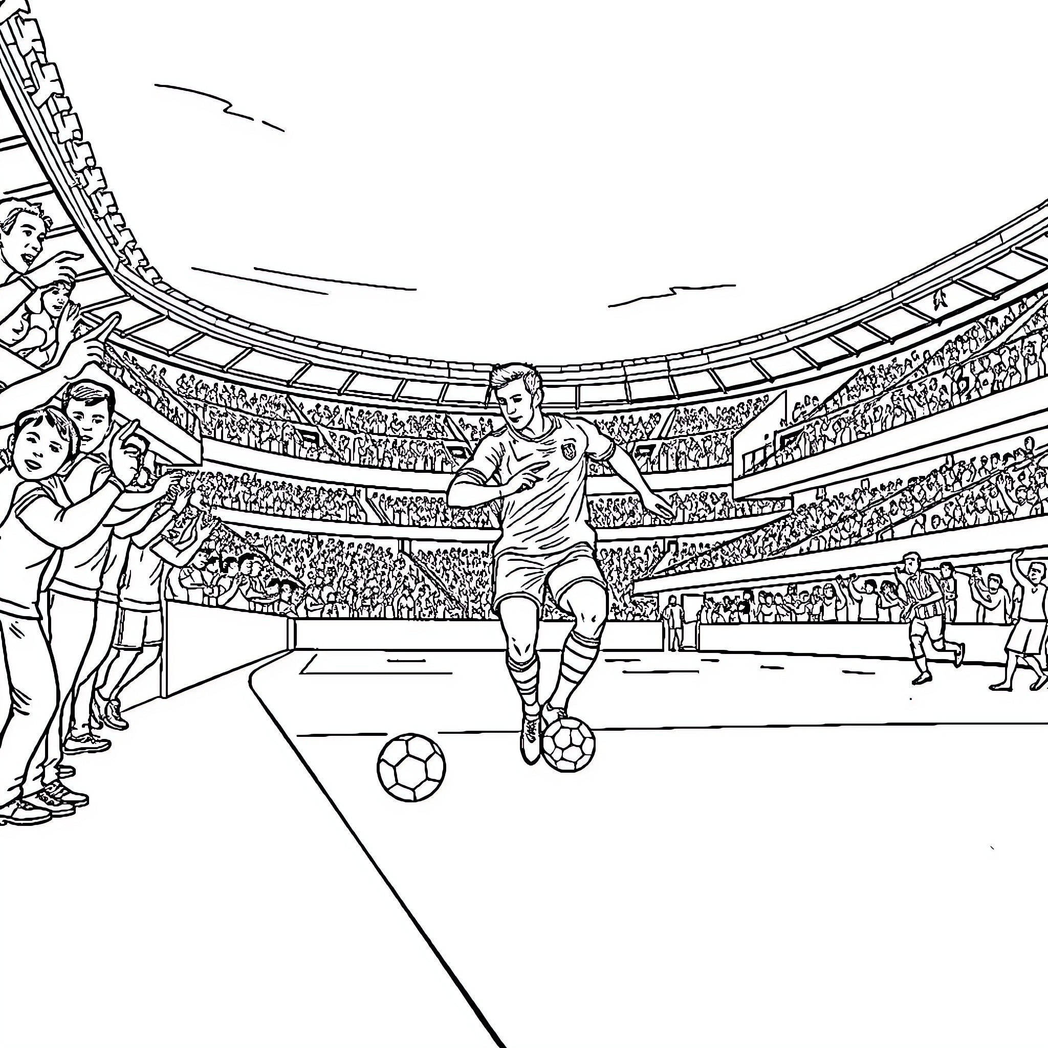 Footballeur in Action at Crowded Stadium Coloring Page (free black-and-white line drawing printable PDF for all, from beginners to advanced learners, including children, teens, adults, and seniors)
