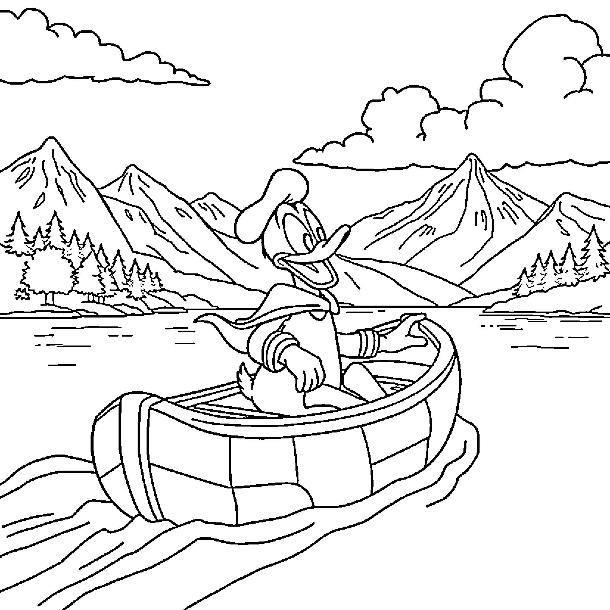 Donald Duck boating through the scenic mountains Coloring Page (free black-and-white line drawing printable PDF for all, from beginners to advanced learners, including children, teens, adults, and seniors)