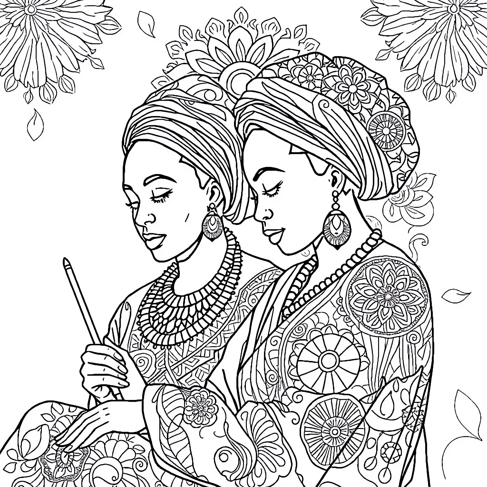 Woman in elaborate headdress and patterns Coloring Page (free black-and-white line drawing printable PDF for all, from beginners to advanced learners, including children, teens, adults, and seniors)
