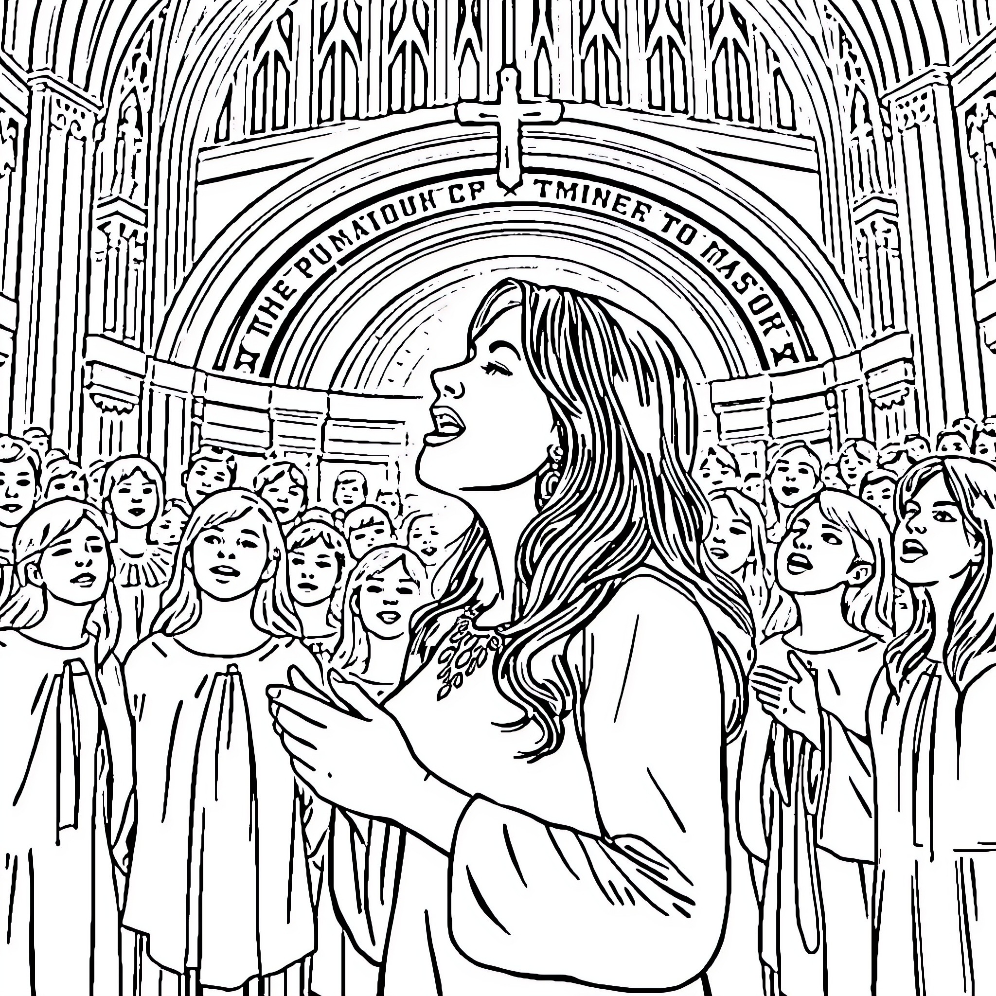 Woman standing among a crowd of people in an ornate cathedral Coloring Page (free black-and-white line drawing printable PDF for all, from beginners to advanced learners, including children, teens, adults, and seniors)
