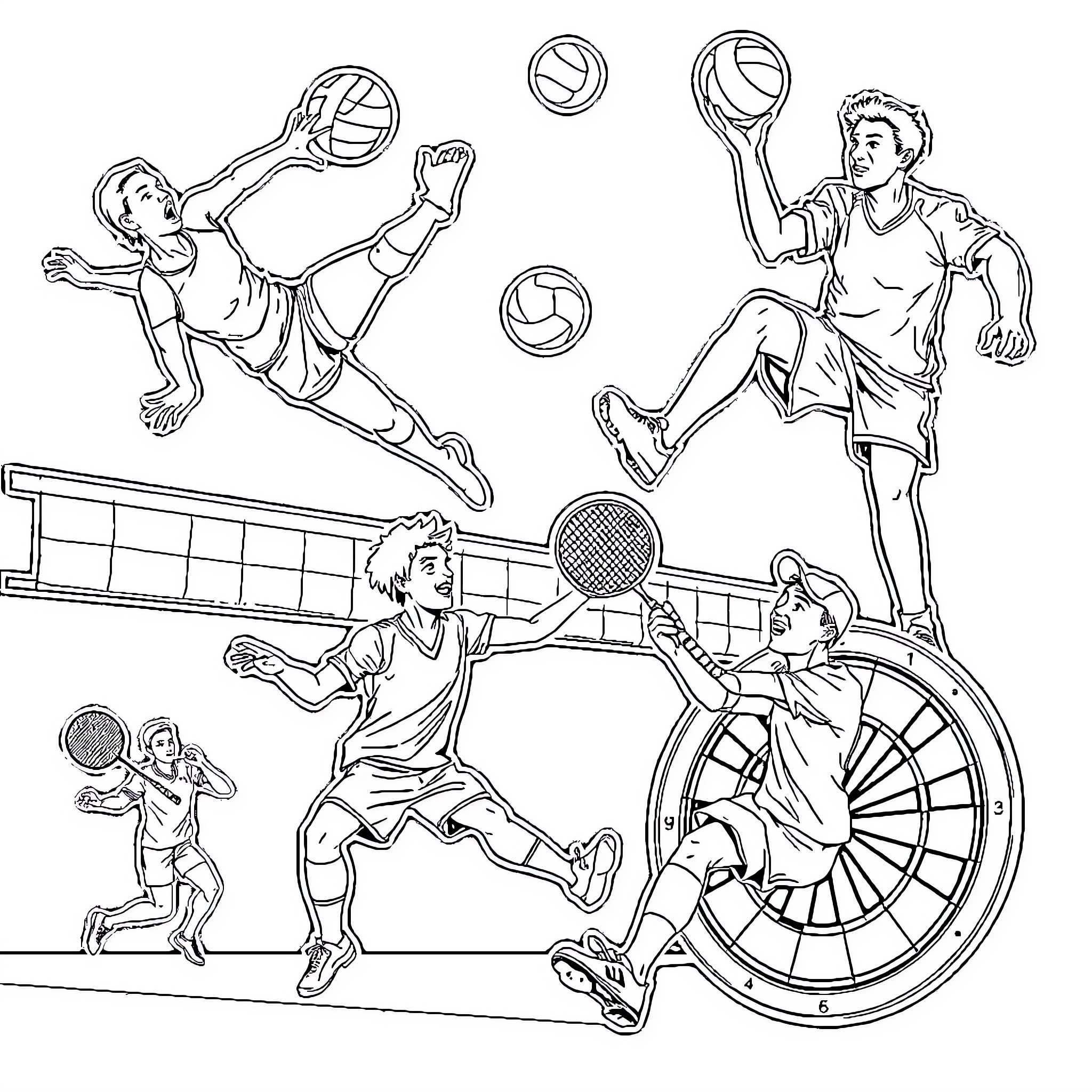 Player's Volleyball and Basketball Scenes Coloring Page (free black-and-white line drawing printable PDF for all, from beginners to advanced learners, including children, teens, adults, and seniors)