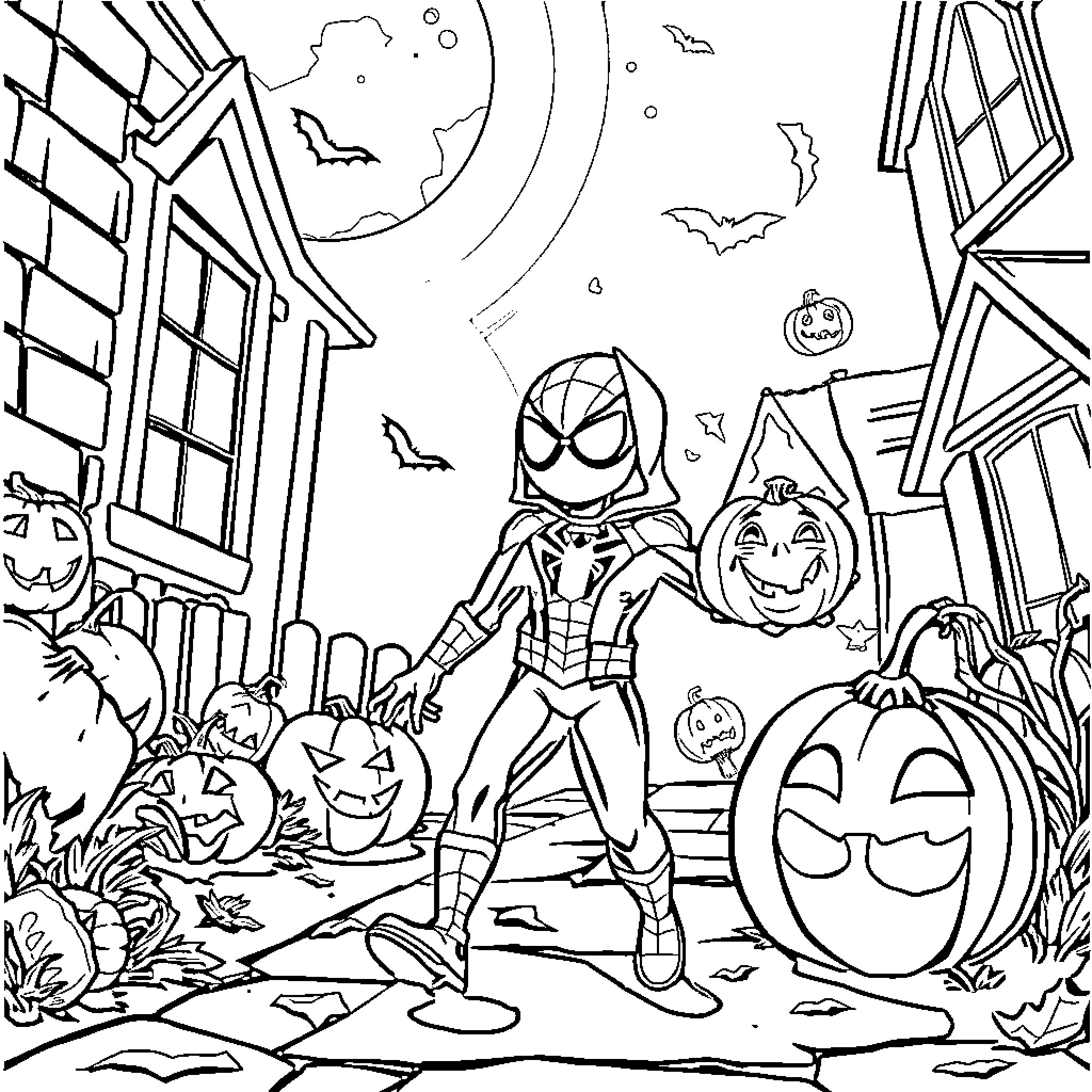 Spiderman Exploring a Spooky Halloween Scene Coloring Page (free black-and-white line drawing printable PDF for all, from beginners to advanced learners, including children, teens, adults, and seniors)