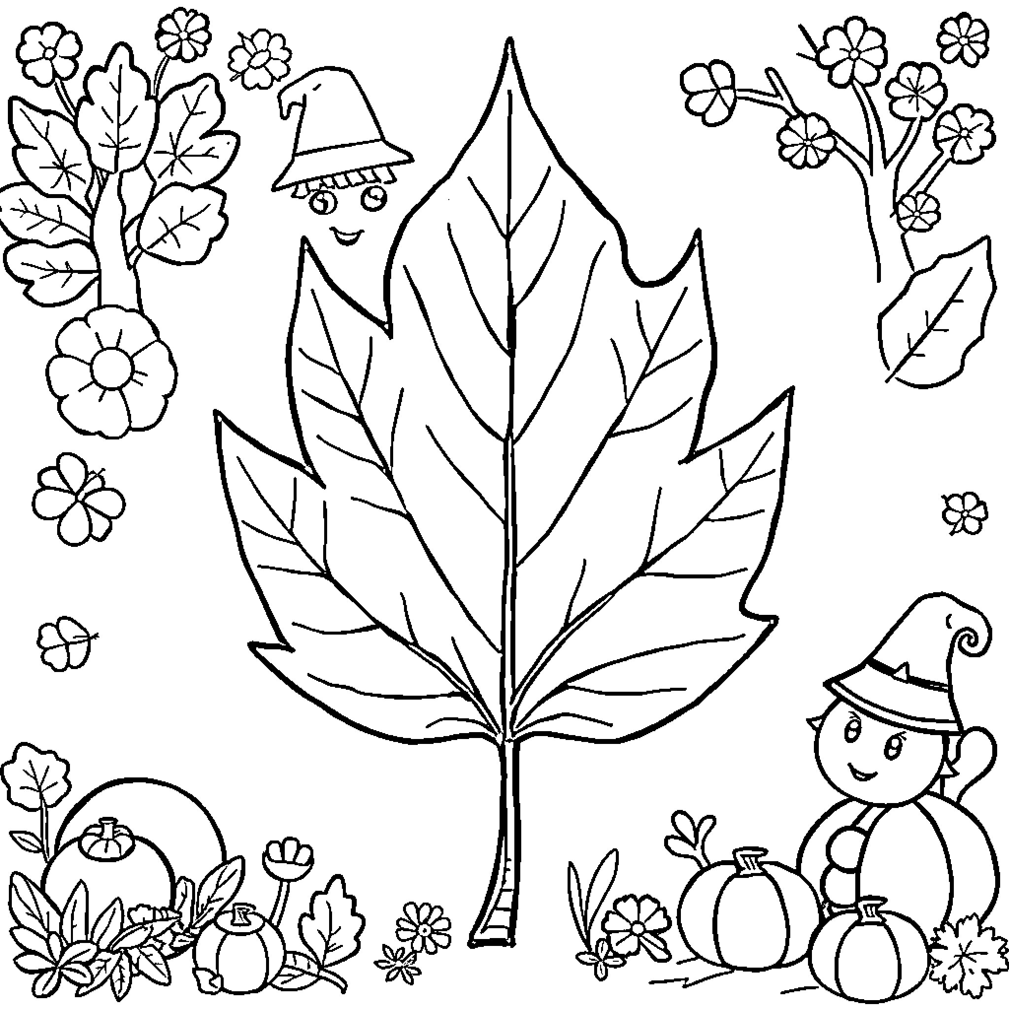 Leaf-themed coloring page with autumn elements Coloring Page (free black-and-white line drawing printable PDF for all, from beginners to advanced learners, including children, teens, adults, and seniors)
