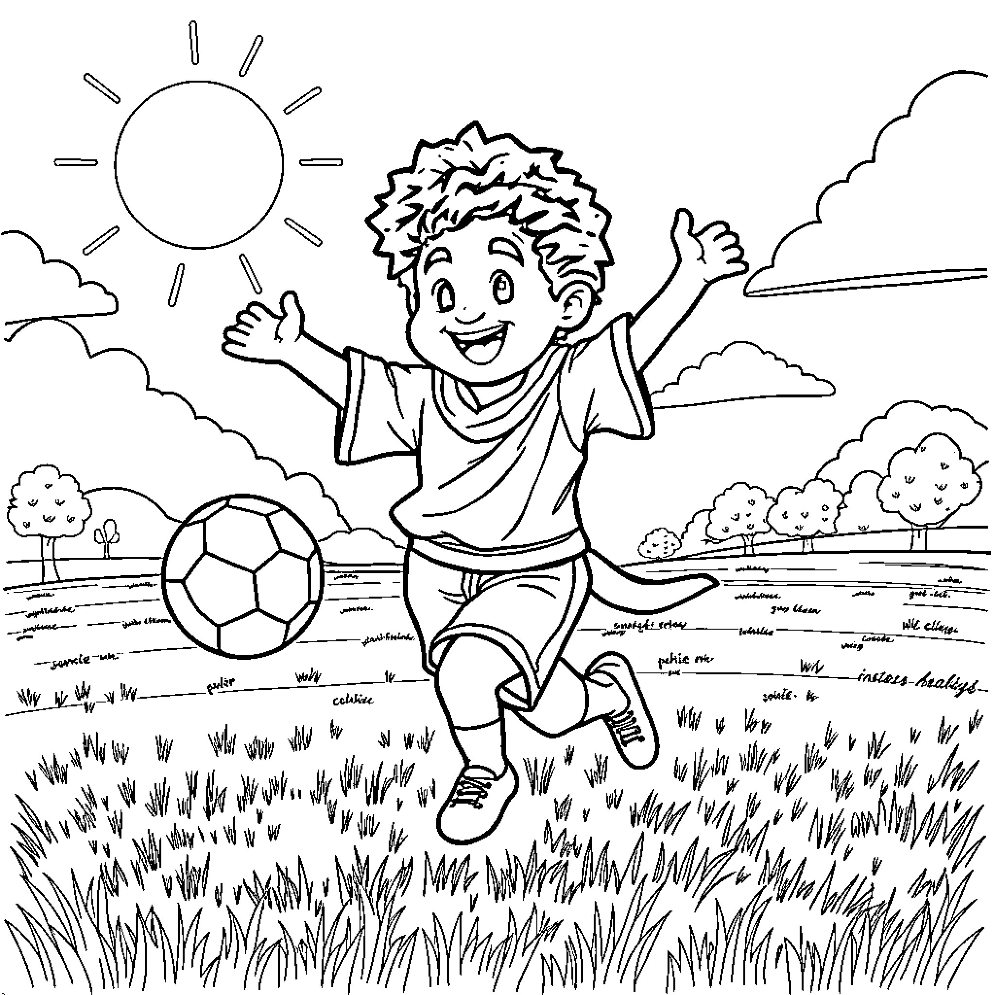 Rumi playing joyfully with a soccer ball in nature Coloring Page (free black-and-white line drawing printable PDF for all, from beginners to advanced learners, including children, teens, adults, and seniors)