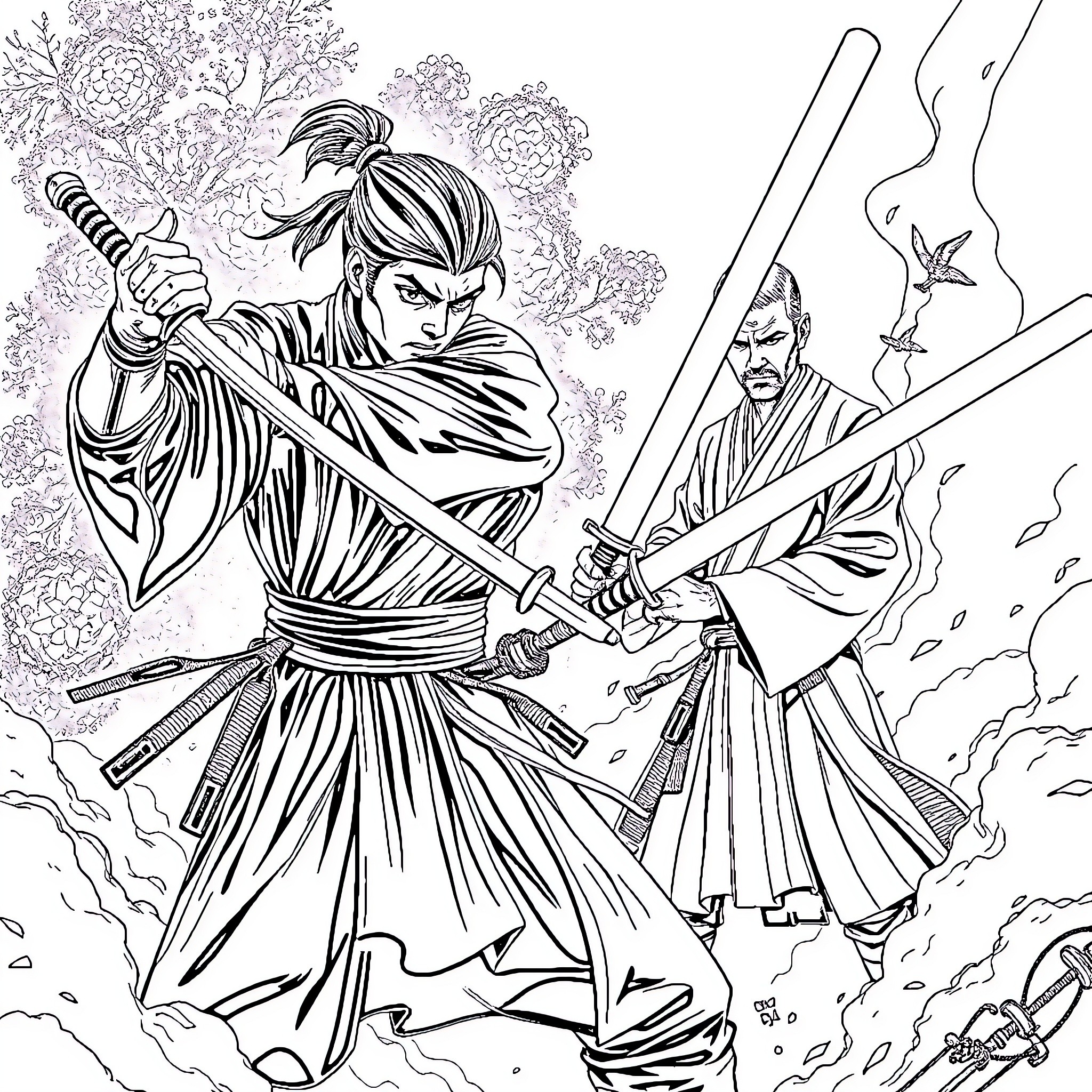 Tanjiro engaging in a fierce sword battle with determination Coloring Page (free black-and-white line drawing printable PDF for all, from beginners to advanced learners, including children, teens, adults, and seniors)