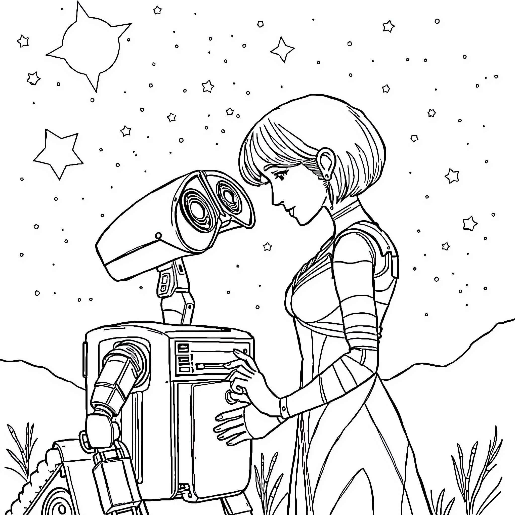 Wall-E looking up at the starry night sky Coloring Page (free black-and-white line drawing printable PDF for all, from beginners to advanced learners, including children, teens, adults, and seniors)