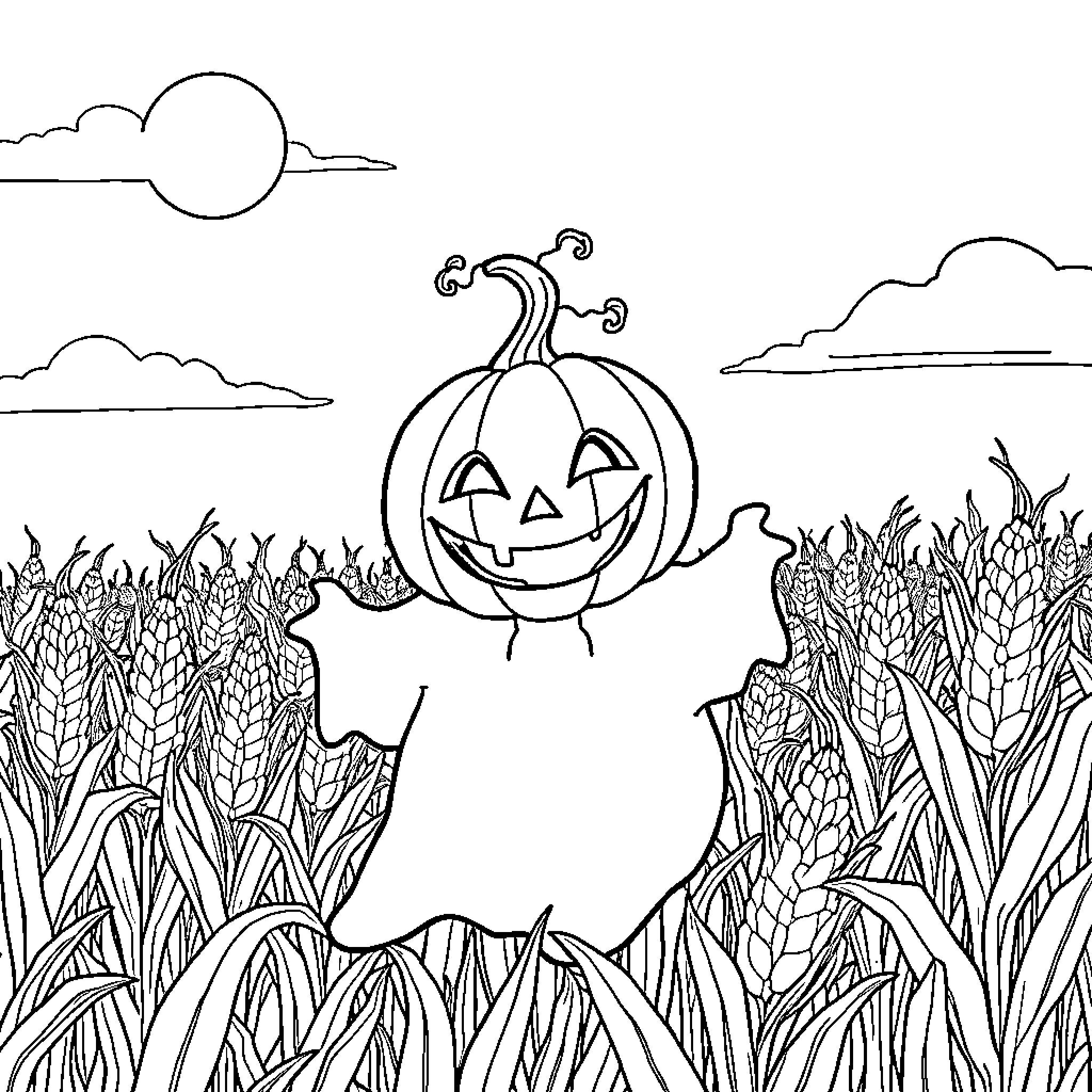 Pumpkin Halloween decoration in a spooky cornfield Coloring Page (free black-and-white line drawing printable PDF for all, from beginners to advanced learners, including children, teens, adults, and seniors)