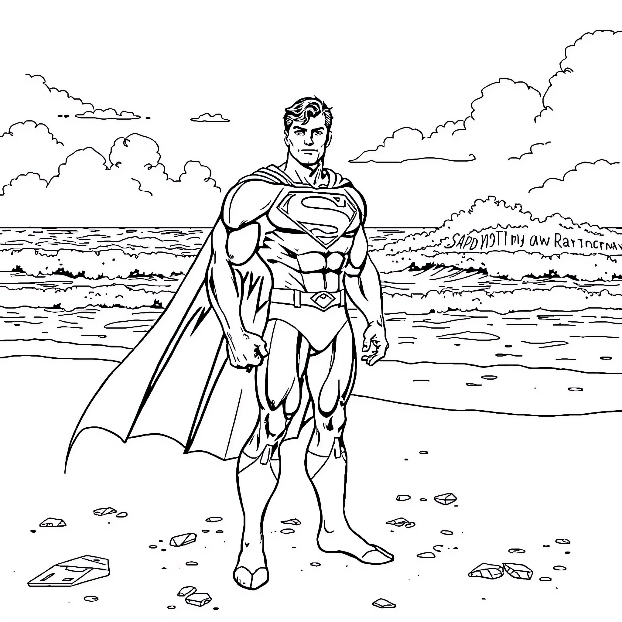 Superman standing heroically on the beach Coloring Page (free black-and-white line drawing printable PDF for all, from beginners to advanced learners, including children, teens, adults, and seniors)