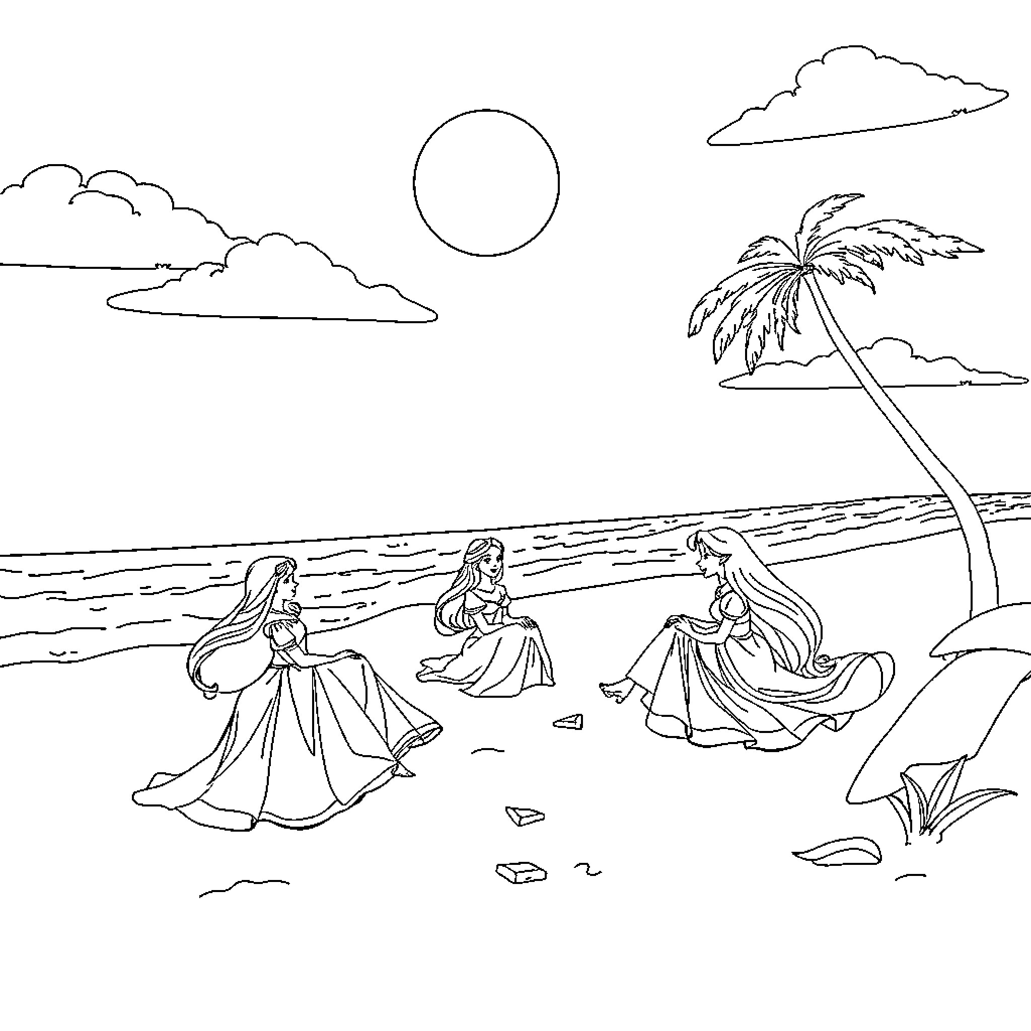 Princess Trio Enjoying Beachside Tranquility Coloring Page (free black-and-white line drawing printable PDF for all, from beginners to advanced learners, including children, teens, adults, and seniors)