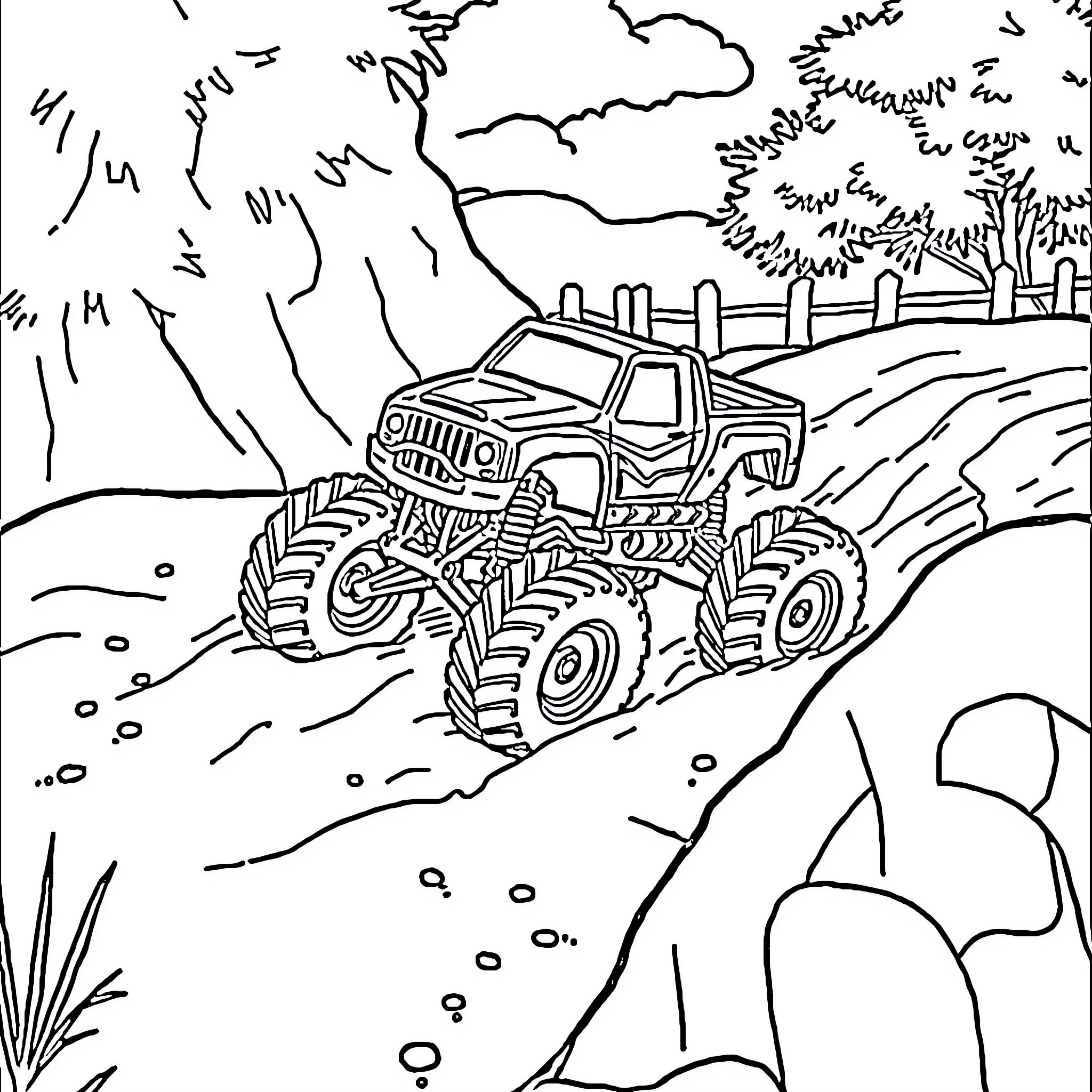 Monster Truck Navigating Rugged Terrain Coloring Page (free black-and-white line drawing printable PDF for all, from beginners to advanced learners, including children, teens, adults, and seniors)