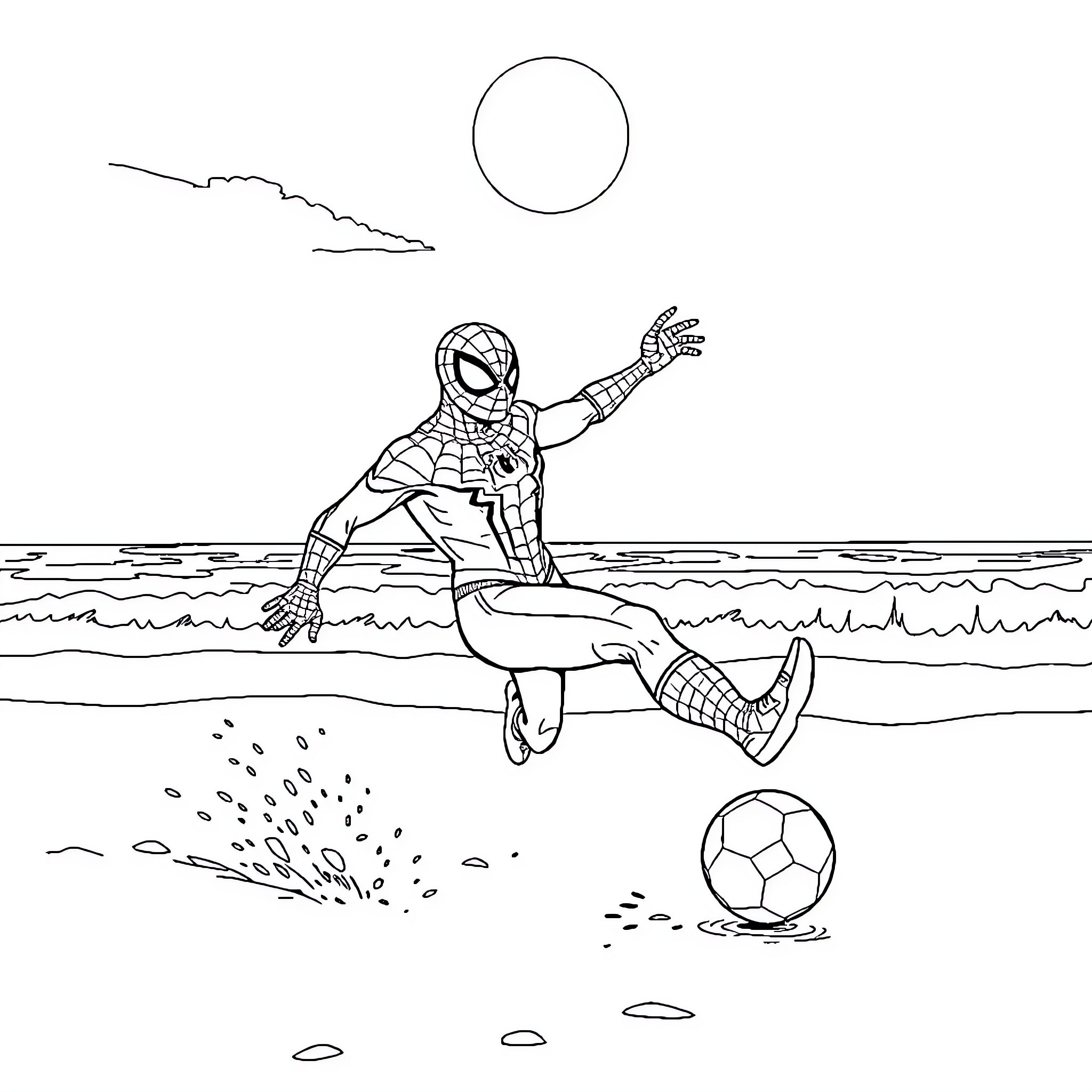 Spiderman playing soccer on the beach Coloring Page (free black-and-white line drawing printable PDF for all, from beginners to advanced learners, including children, teens, adults, and seniors)