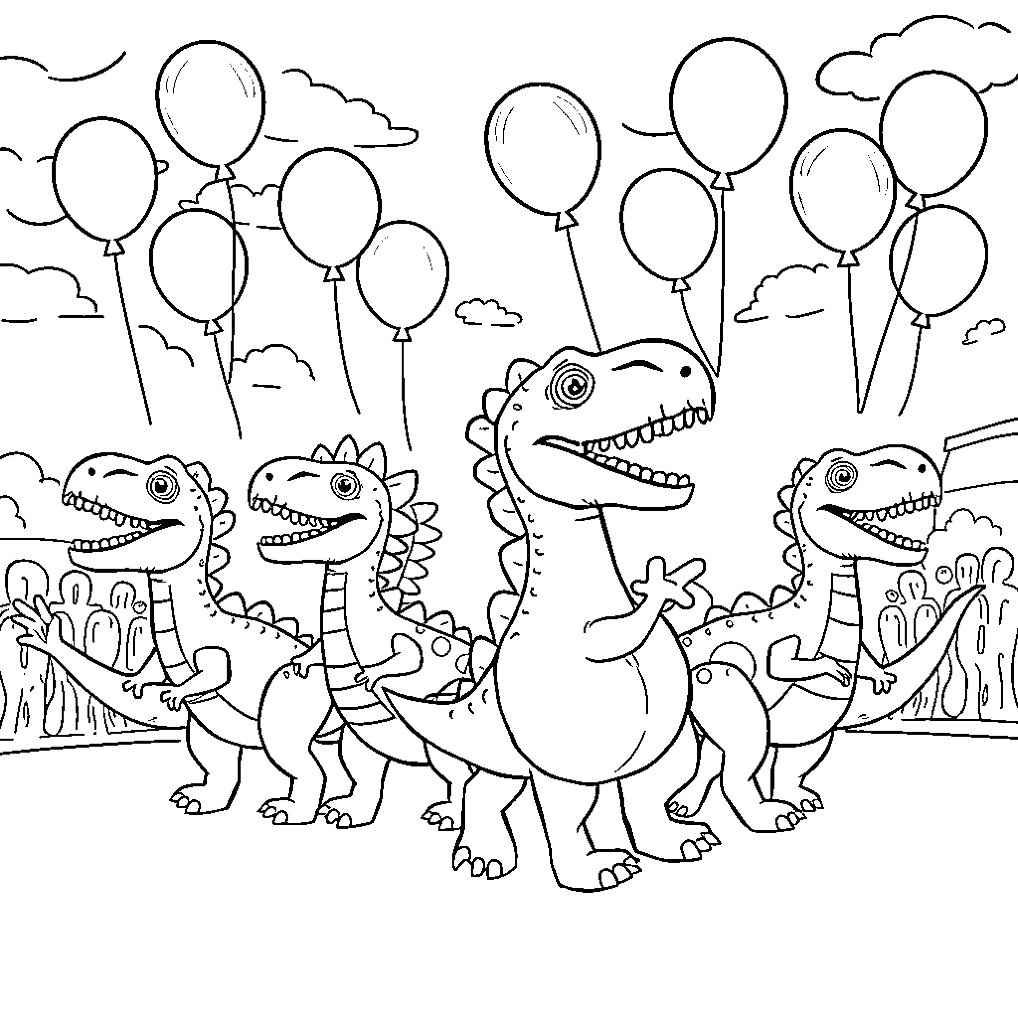 Dinosaur friends celebrating with balloons in the park Coloring Page (free black-and-white line drawing printable PDF for all, from beginners to advanced learners, including children, teens, adults, and seniors)
