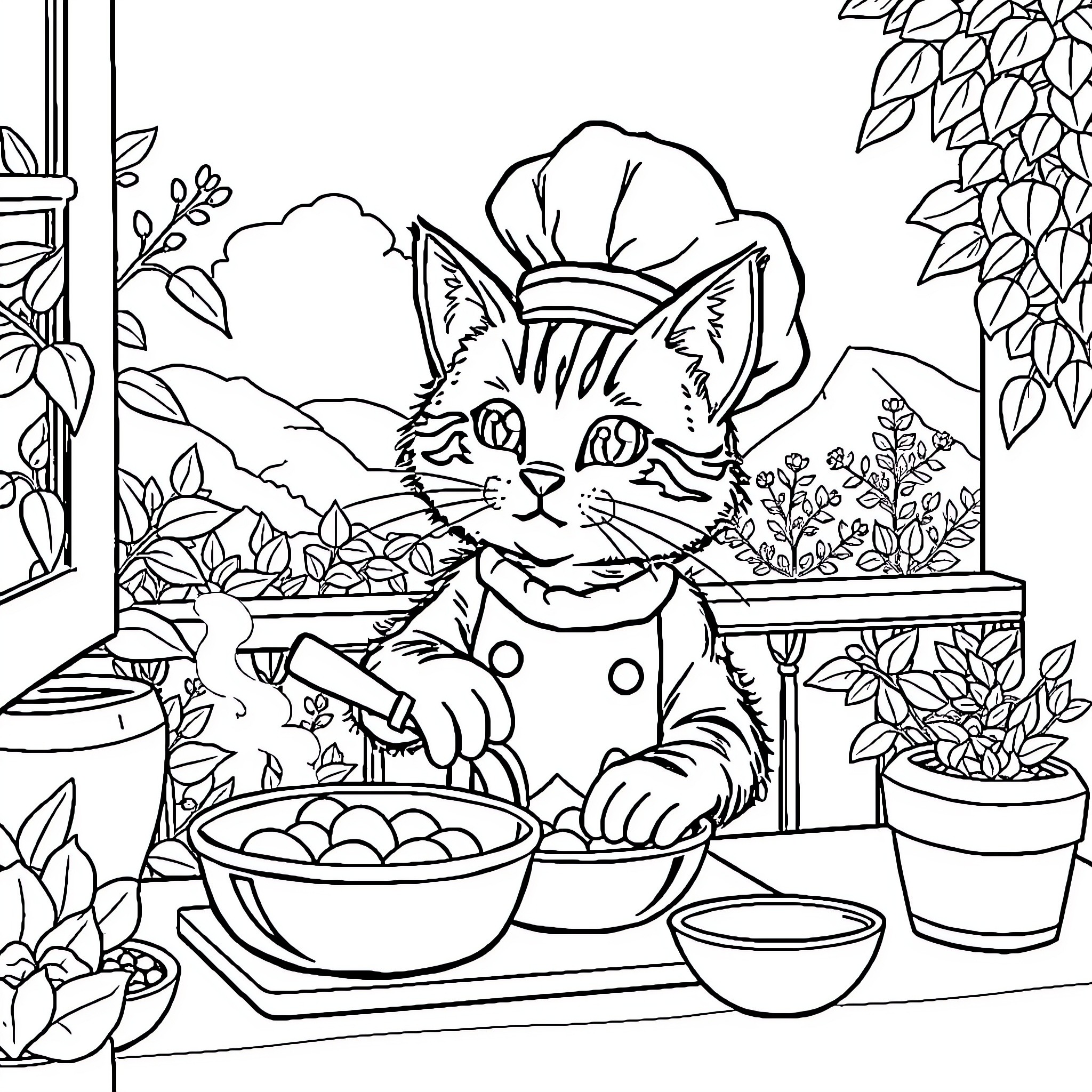 Cat chef cooking in the kitchen Coloring Page (free black-and-white line drawing printable PDF for all, from beginners to advanced learners, including children, teens, adults, and seniors)