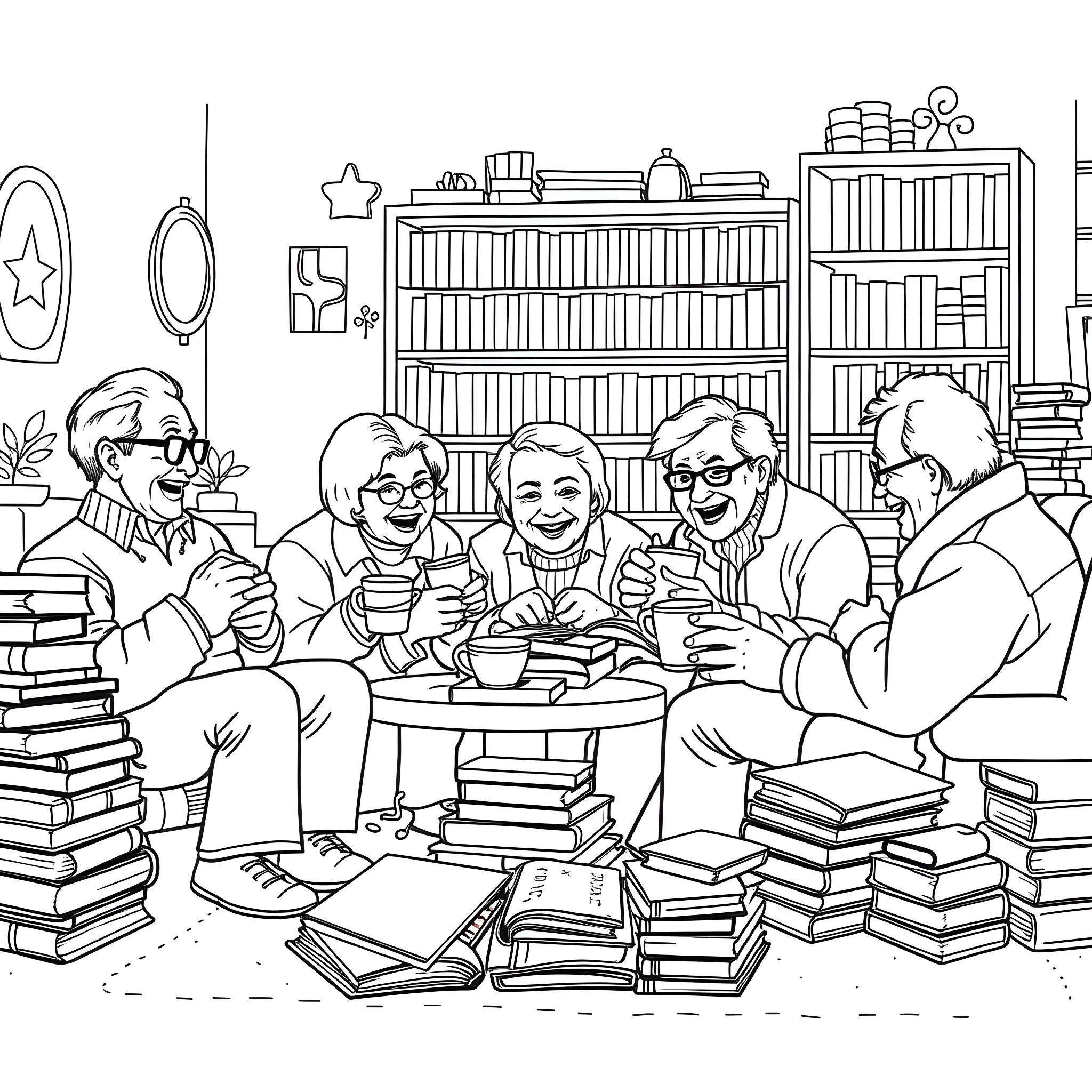 Senior Citizens Enjoying a Cozy Gathering in the Library Coloring Page (free black-and-white line drawing printable PDF for all, from beginners to advanced learners, including children, teens, adults, and seniors)