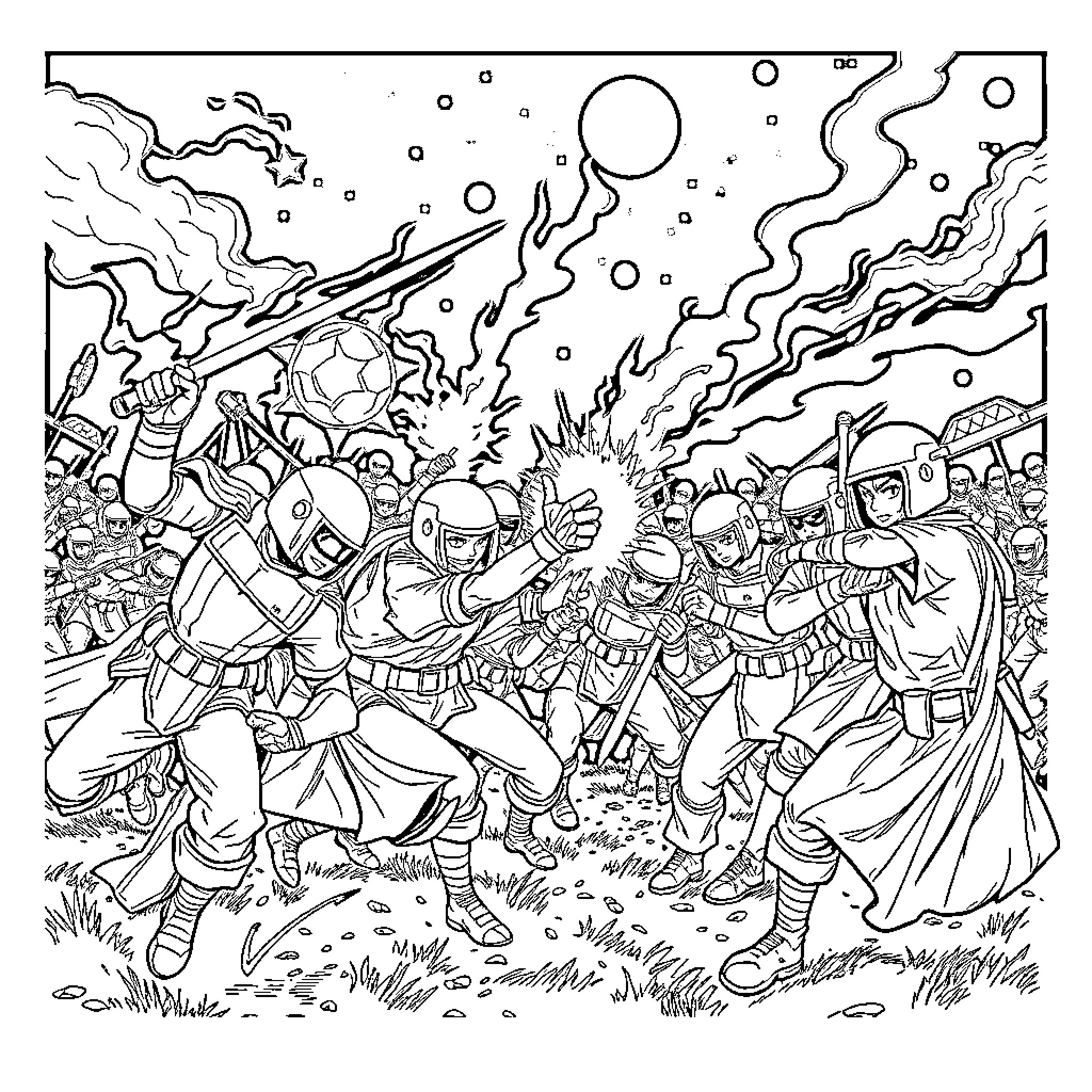 Night Battle of Armored Warriors Coloring Page (free black-and-white line drawing printable PDF for all, from beginners to advanced learners, including children, teens, adults, and seniors)