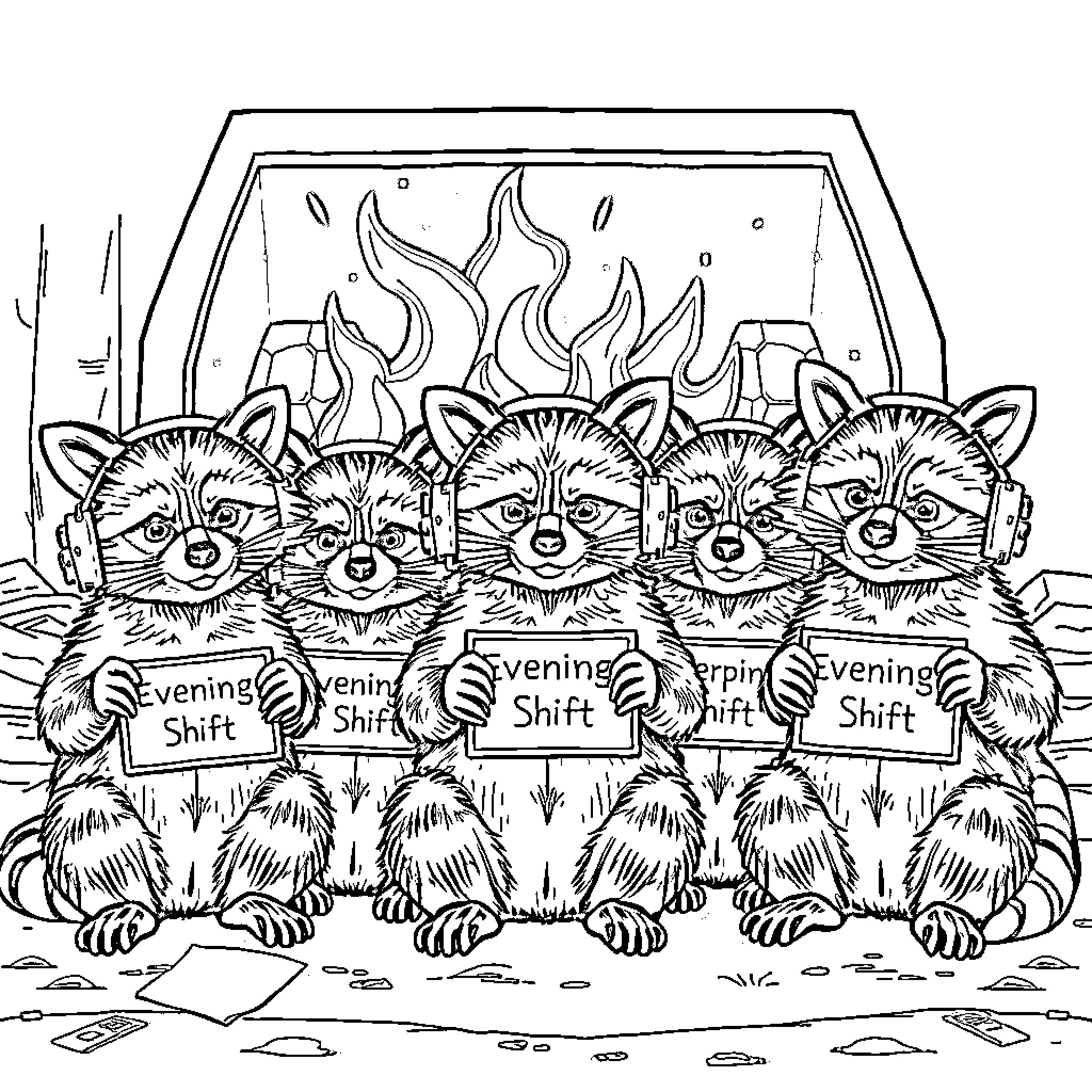 Raccoons working night shift in a fiery factory Coloring Page (free black-and-white line drawing printable PDF for all, from beginners to advanced learners, including children, teens, adults, and seniors)