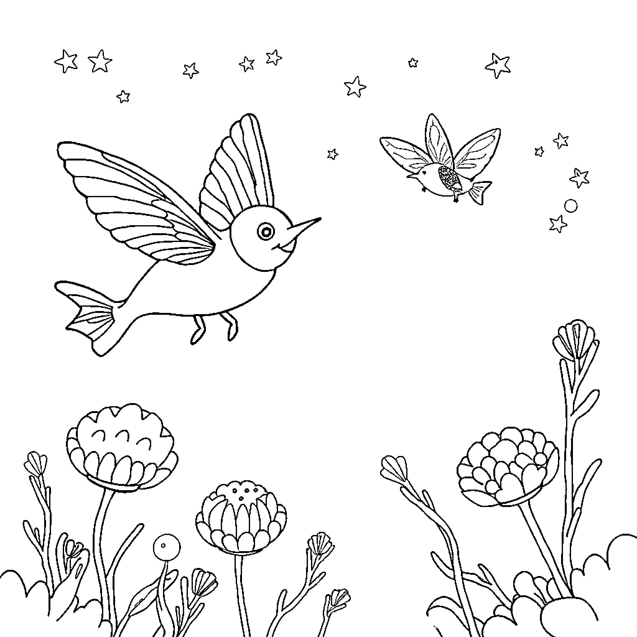 Seahorse fluttering amongst whimsical flowers and stars Coloring Page (free black-and-white line drawing printable PDF for all, from beginners to advanced learners, including children, teens, adults, and seniors)