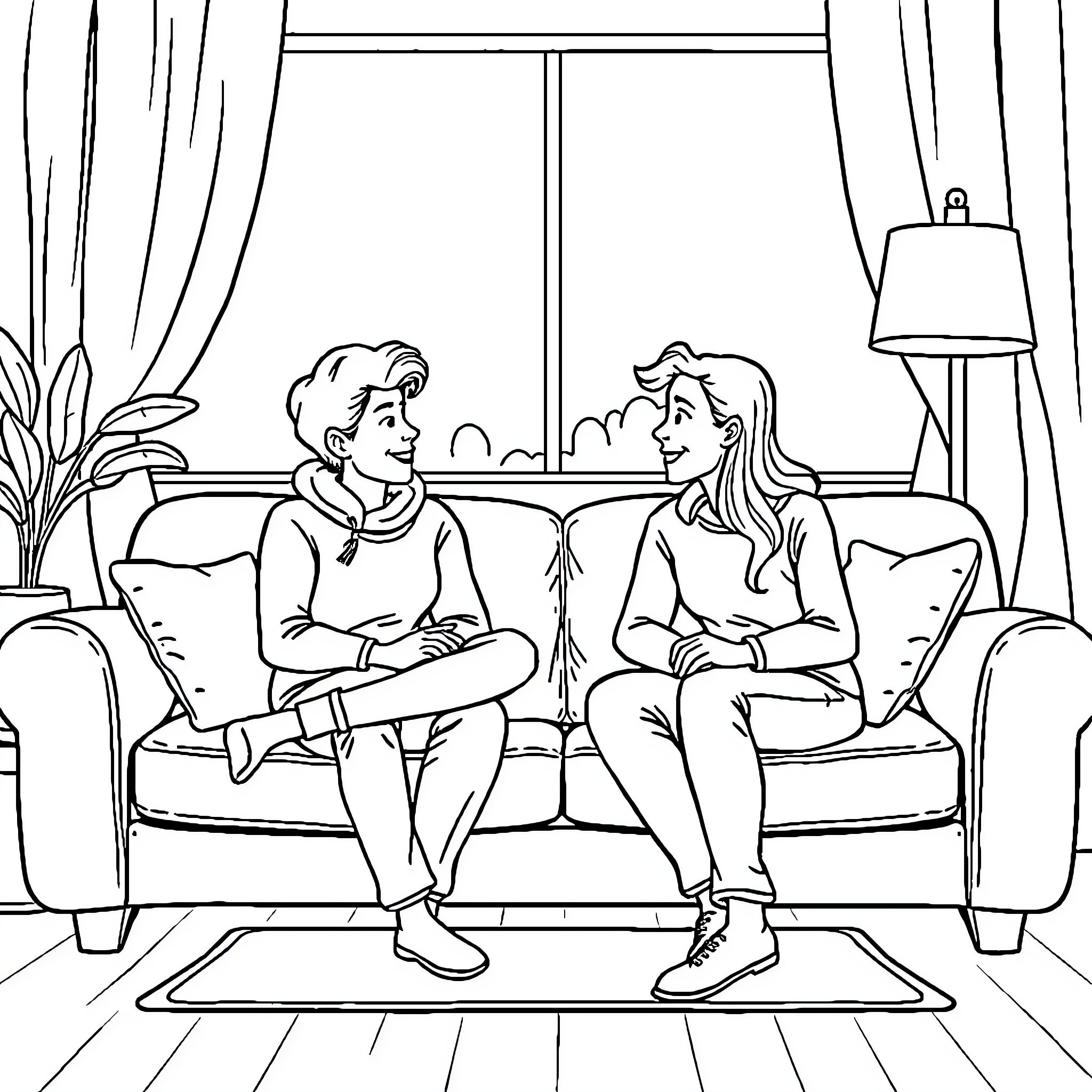 Chat of a couple in an intimate setting Coloring Page (free black-and-white line drawing printable PDF for all, from beginners to advanced learners, including children, teens, adults, and seniors)