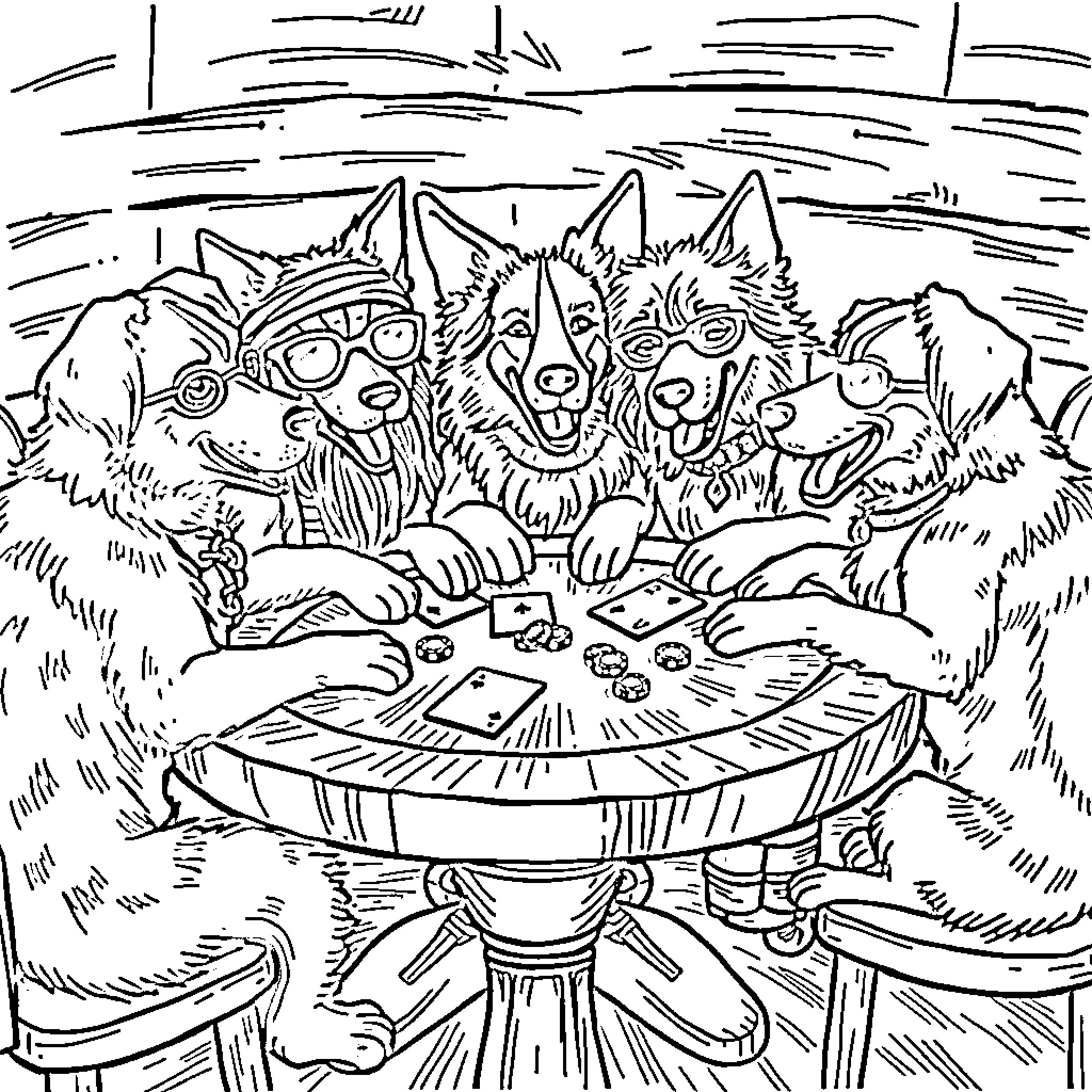 Dog pack playing games together on table Coloring Page (free black-and-white line drawing printable PDF for all, from beginners to advanced learners, including children, teens, adults, and seniors)