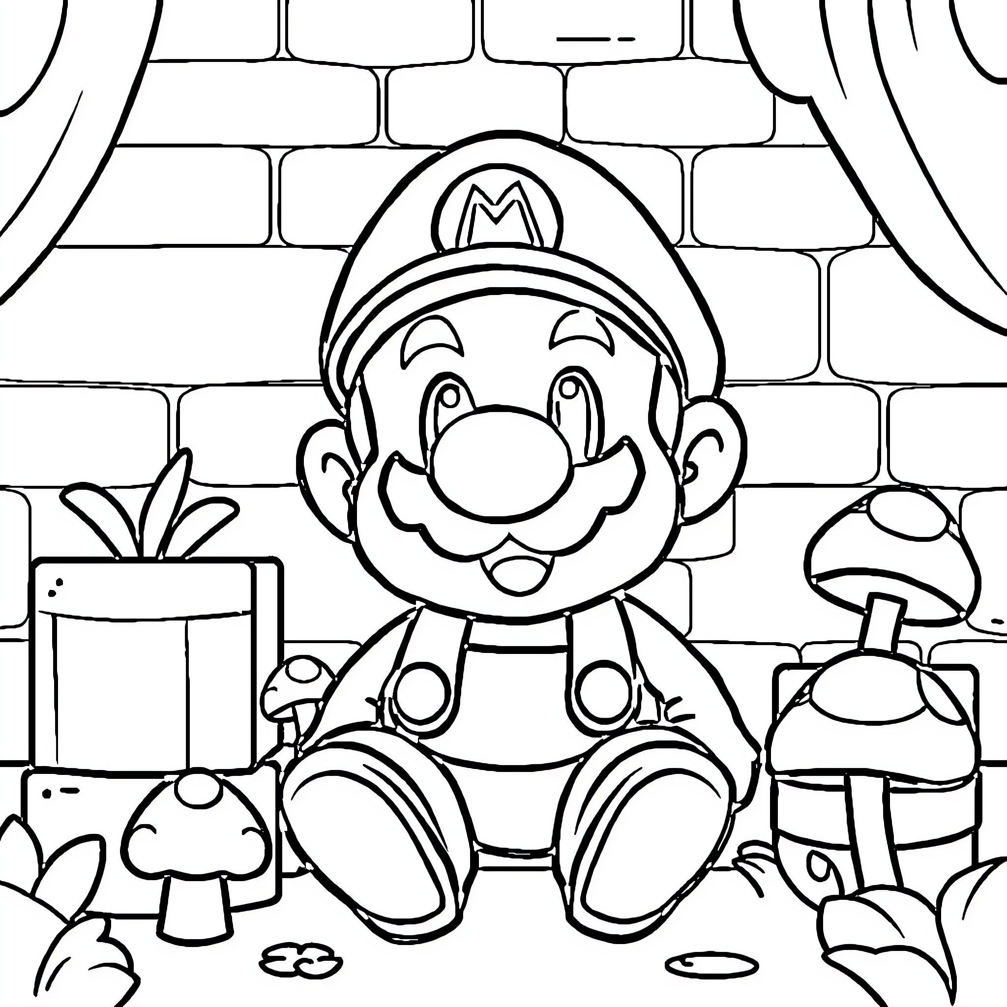 Duck exploring a fantastical mushroom kingdom Coloring Page (free black-and-white line drawing printable PDF for all, from beginners to advanced learners, including children, teens, adults, and seniors)
