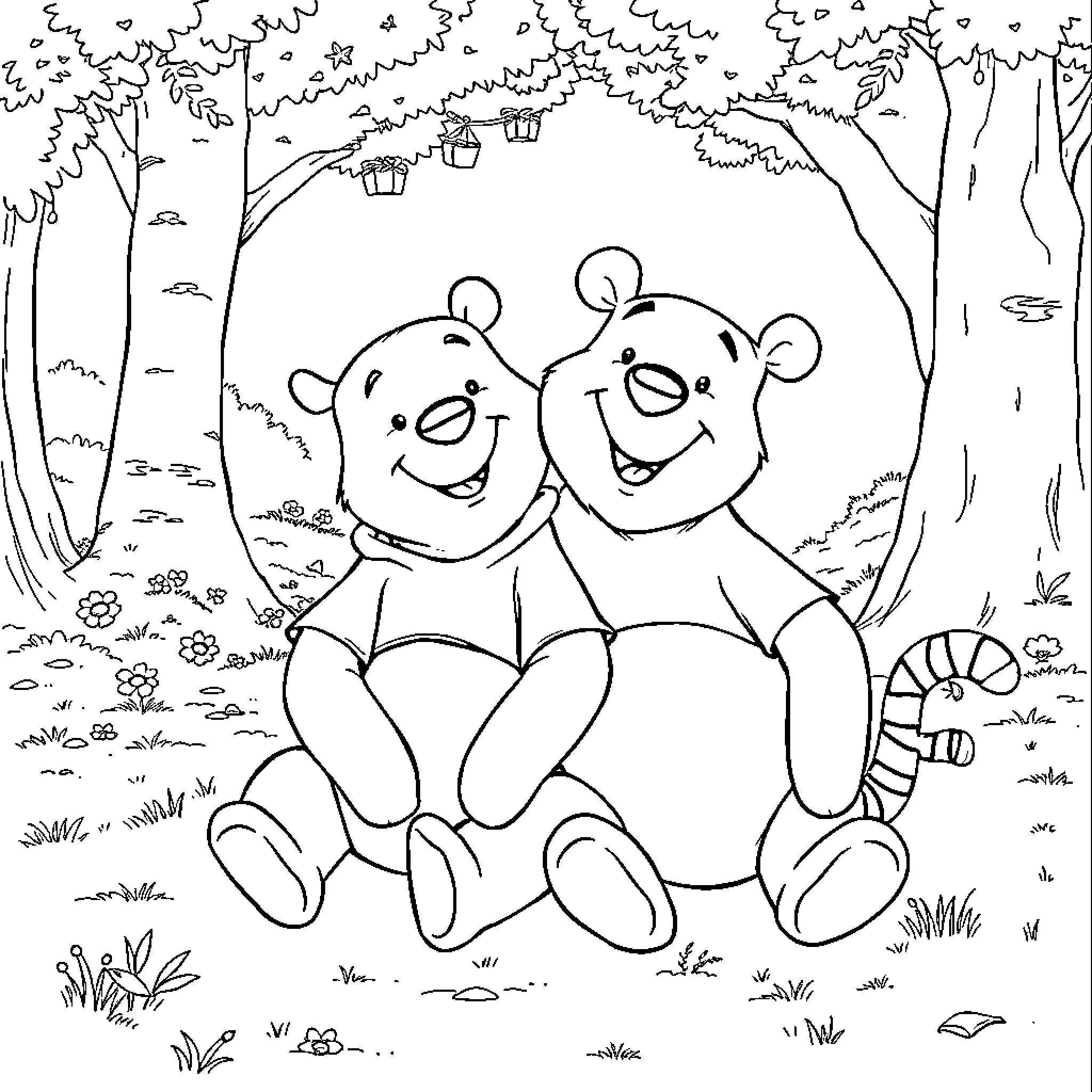 Winnie The Pooh and Piglet enjoying nature together Coloring Page (free black-and-white line drawing printable PDF for all, from beginners to advanced learners, including children, teens, adults, and seniors)