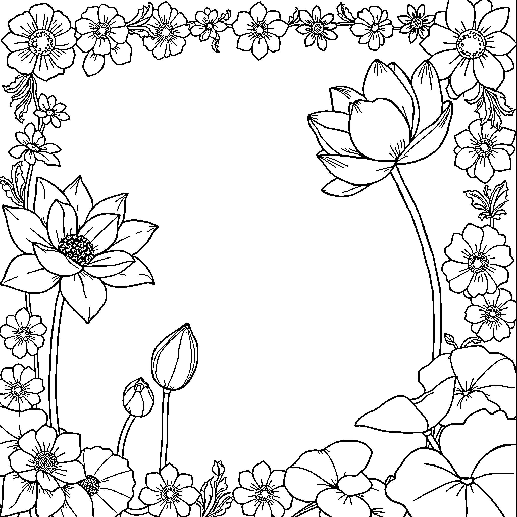 Lotus Flower Frame with Blooming Flowers Coloring Page (free black-and-white line drawing printable PDF for all, from beginners to advanced learners, including children, teens, adults, and seniors)