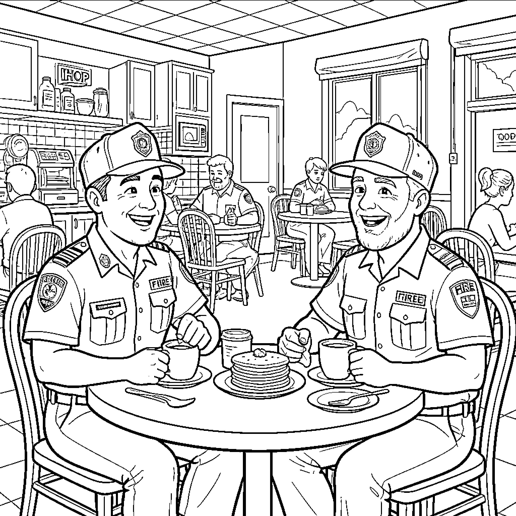 Fire Inspector smiling while having breakfast at a cafe Coloring Page (free black-and-white line drawing printable PDF for all, from beginners to advanced learners, including children, teens, adults, and seniors)