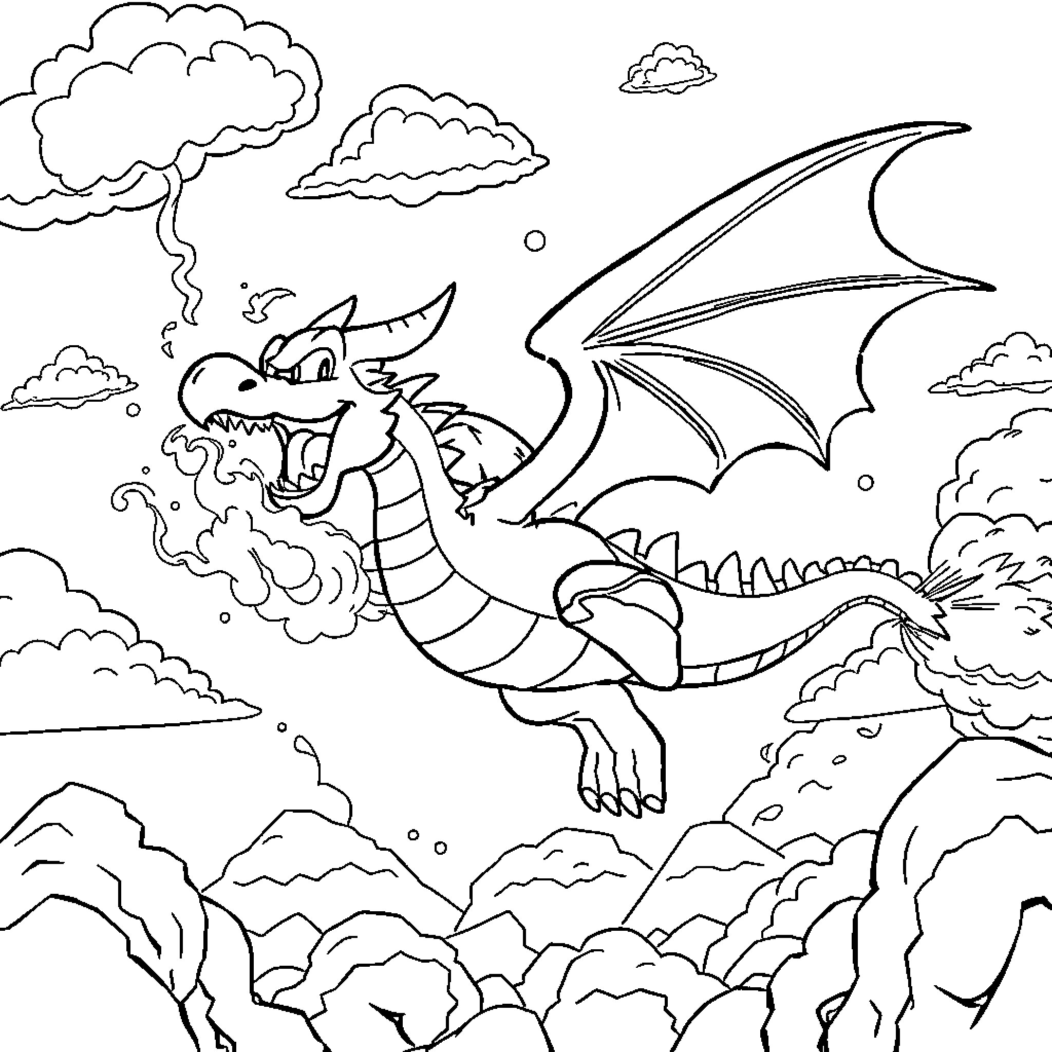 Dragon soaring through cloudy skies Coloring Page (free black-and-white line drawing printable PDF for all, from beginners to advanced learners, including children, teens, adults, and seniors)