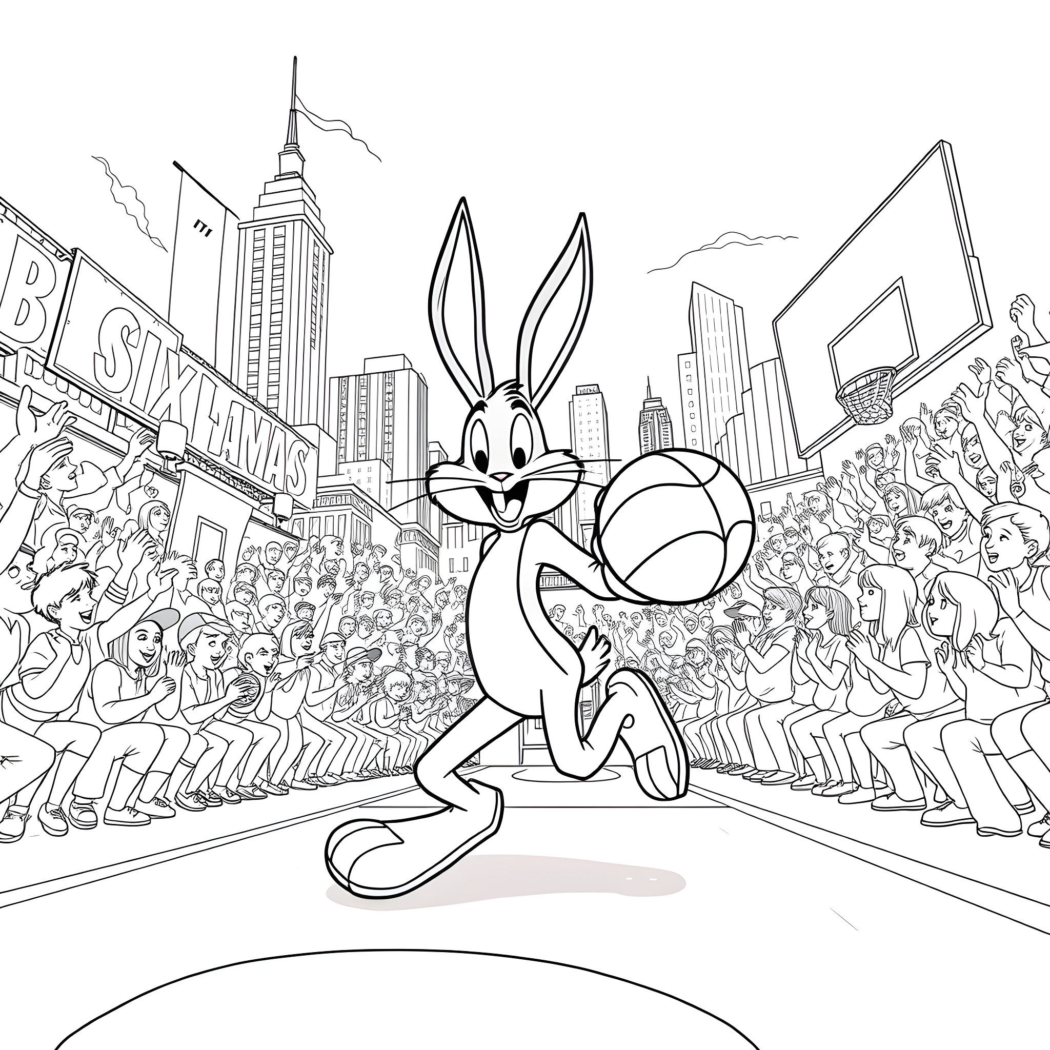 Bugs Bunny goofing around in a crowded city Coloring Page (free black-and-white line drawing printable PDF for all, from beginners to advanced learners, including children, teens, adults, and seniors)