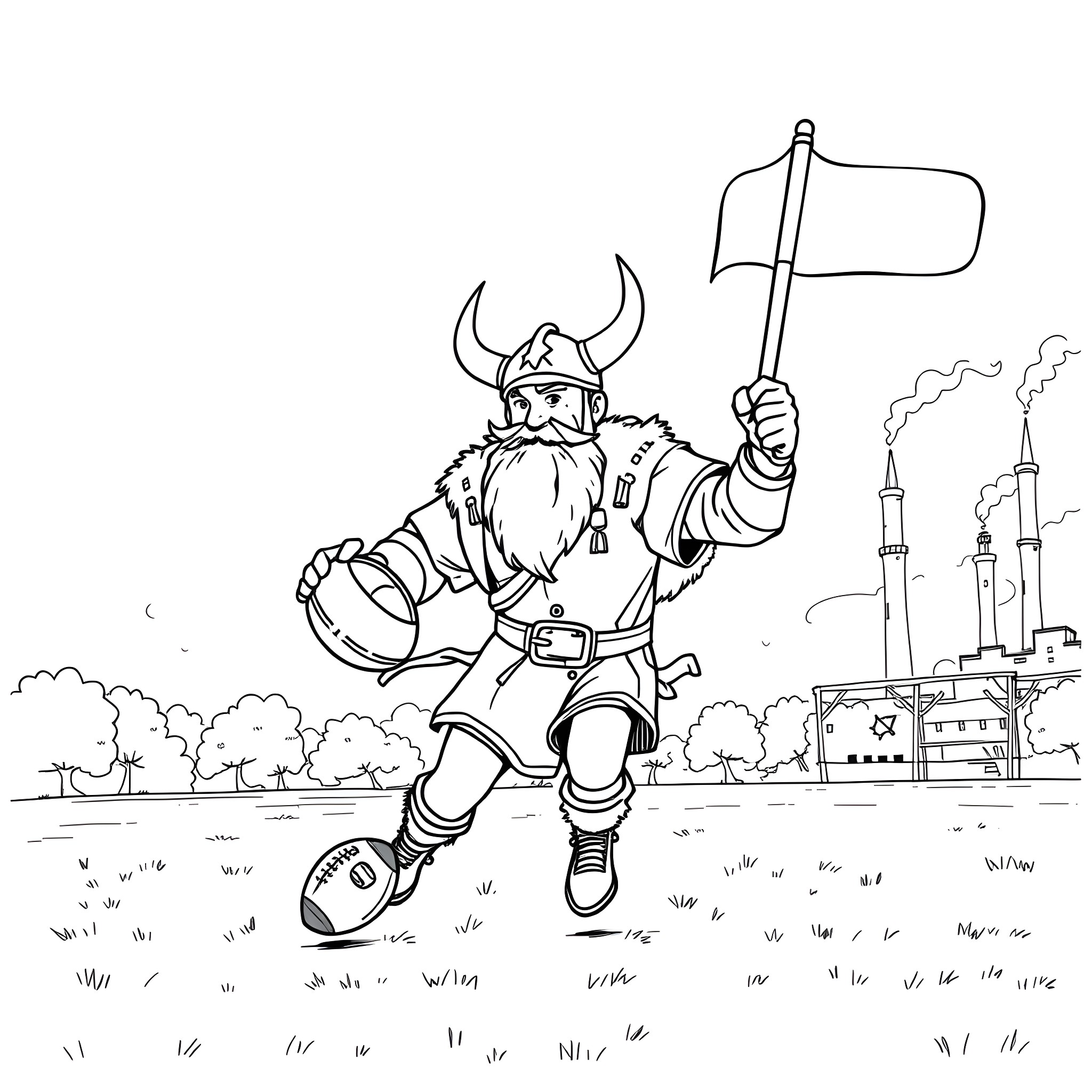 Viking warrior charging with flag in field Coloring Page (free black-and-white line drawing printable PDF for all, from beginners to advanced learners, including children, teens, adults, and seniors)