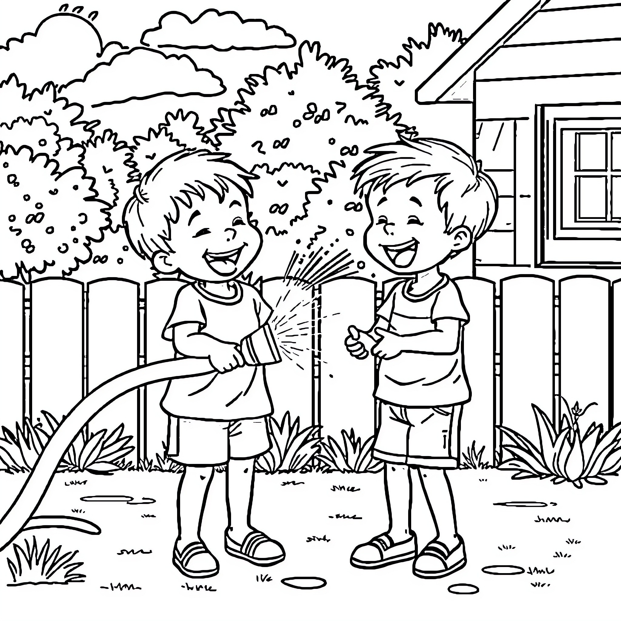 Kids enjoying sprinklers in the backyard Coloring Page (free black-and-white line drawing printable PDF for all, from beginners to advanced learners, including children, teens, adults, and seniors)