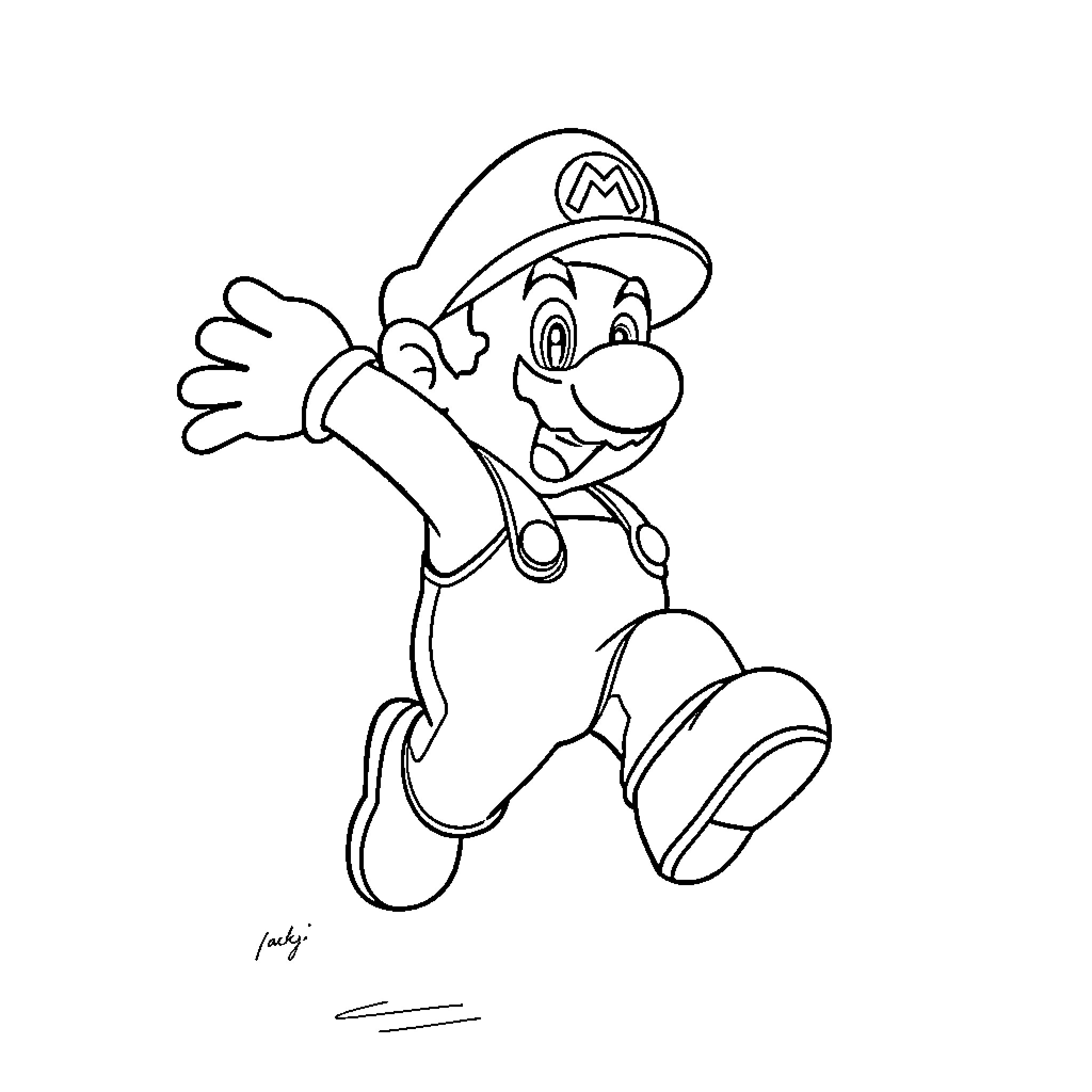 Mario jumping with joy Coloring Page (free black-and-white line drawing printable PDF for all, from beginners to advanced learners, including children, teens, adults, and seniors)