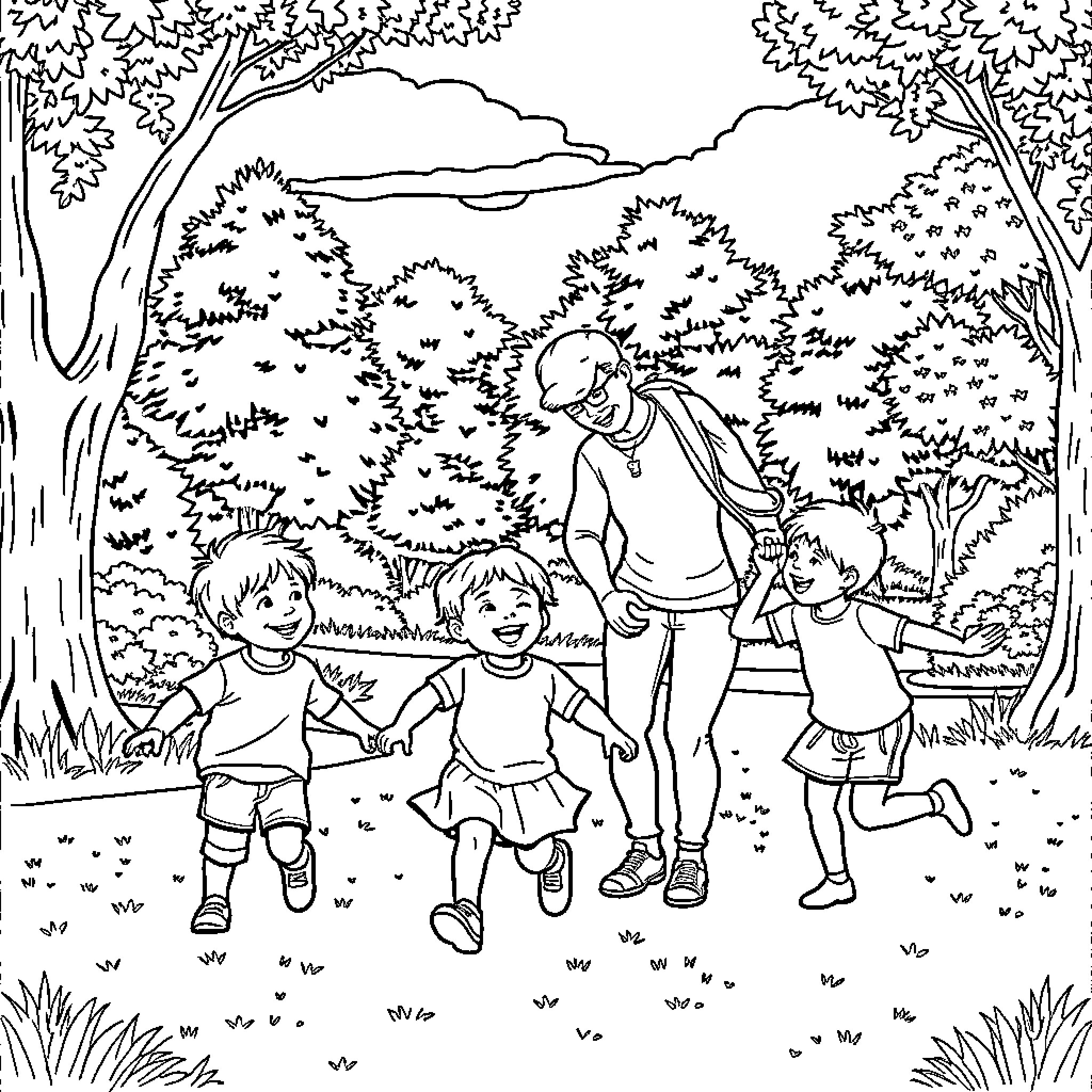Family Enjoying Outdoor Nature Adventure Coloring Page (free black-and-white line drawing printable PDF for all, from beginners to advanced learners, including children, teens, adults, and seniors)