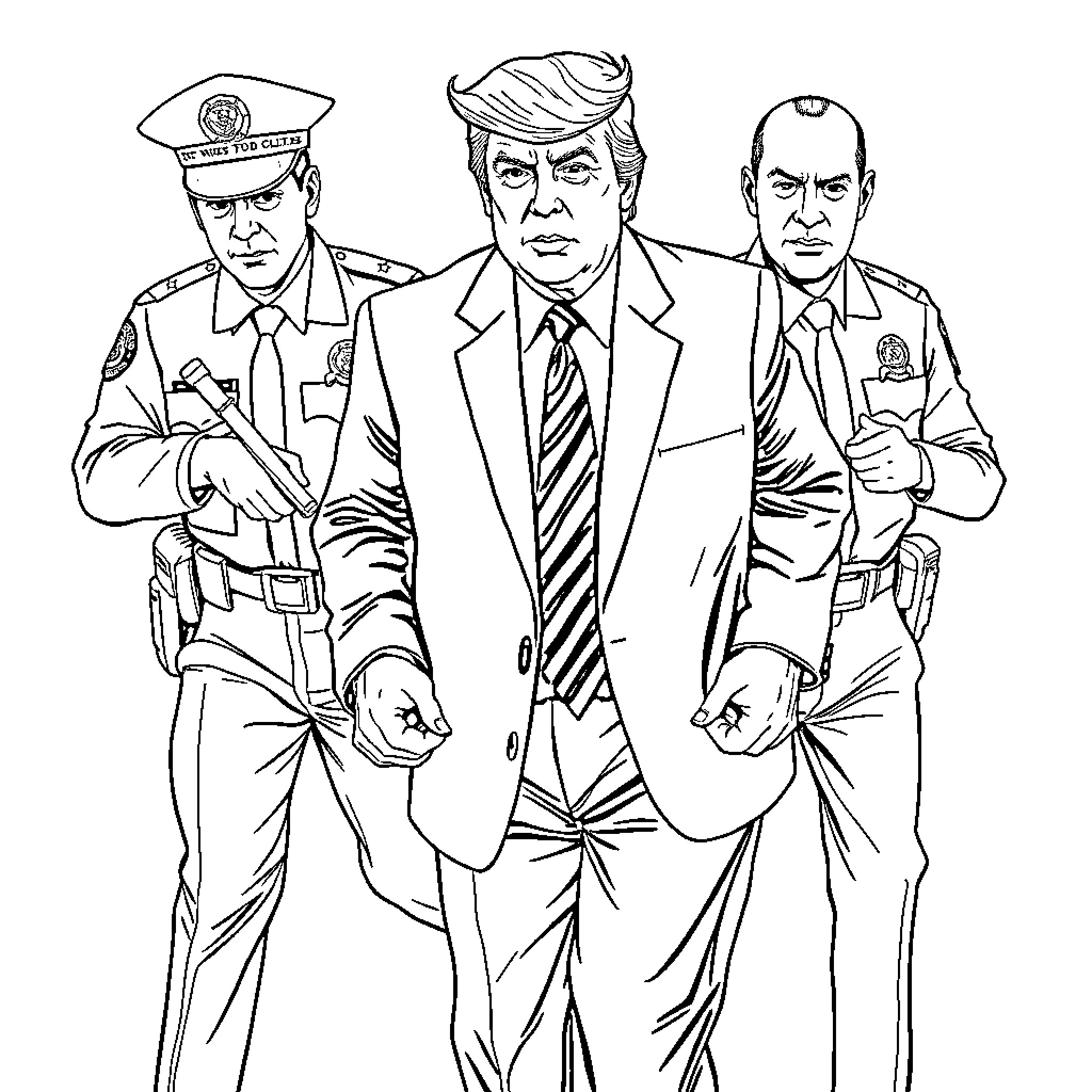 Donald Trump Surrounded by Law Enforcement Officials Coloring Page (free black-and-white line drawing printable PDF for all, from beginners to advanced learners, including children, teens, adults, and seniors)