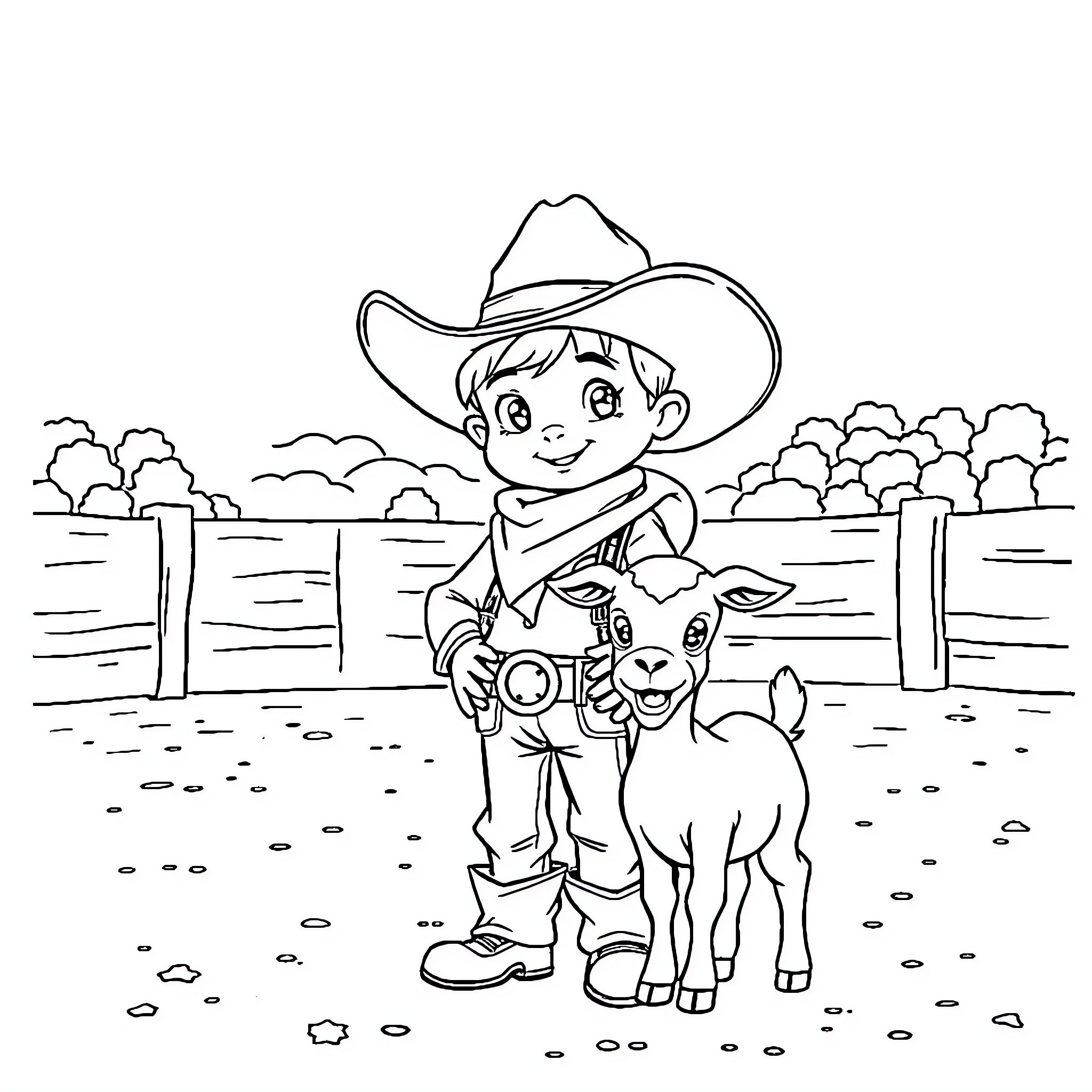 Cowboy boy playing with his pet goat in a rural setting Coloring Page (free black-and-white line drawing printable PDF for all, from beginners to advanced learners, including children, teens, adults, and seniors)