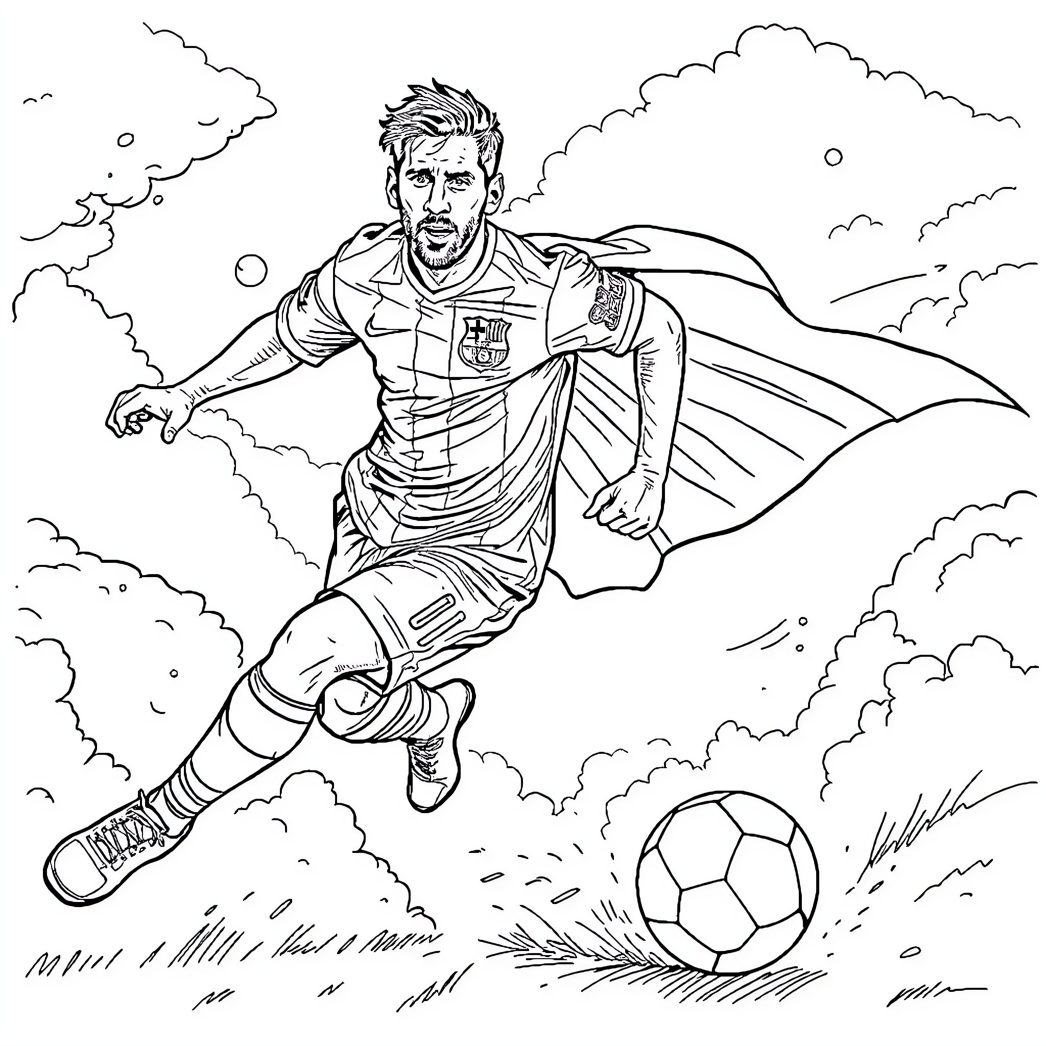 Messi soaring through the air with a soccer ball Coloring Page (free black-and-white line drawing printable PDF for all, from beginners to advanced learners, including children, teens, adults, and seniors)