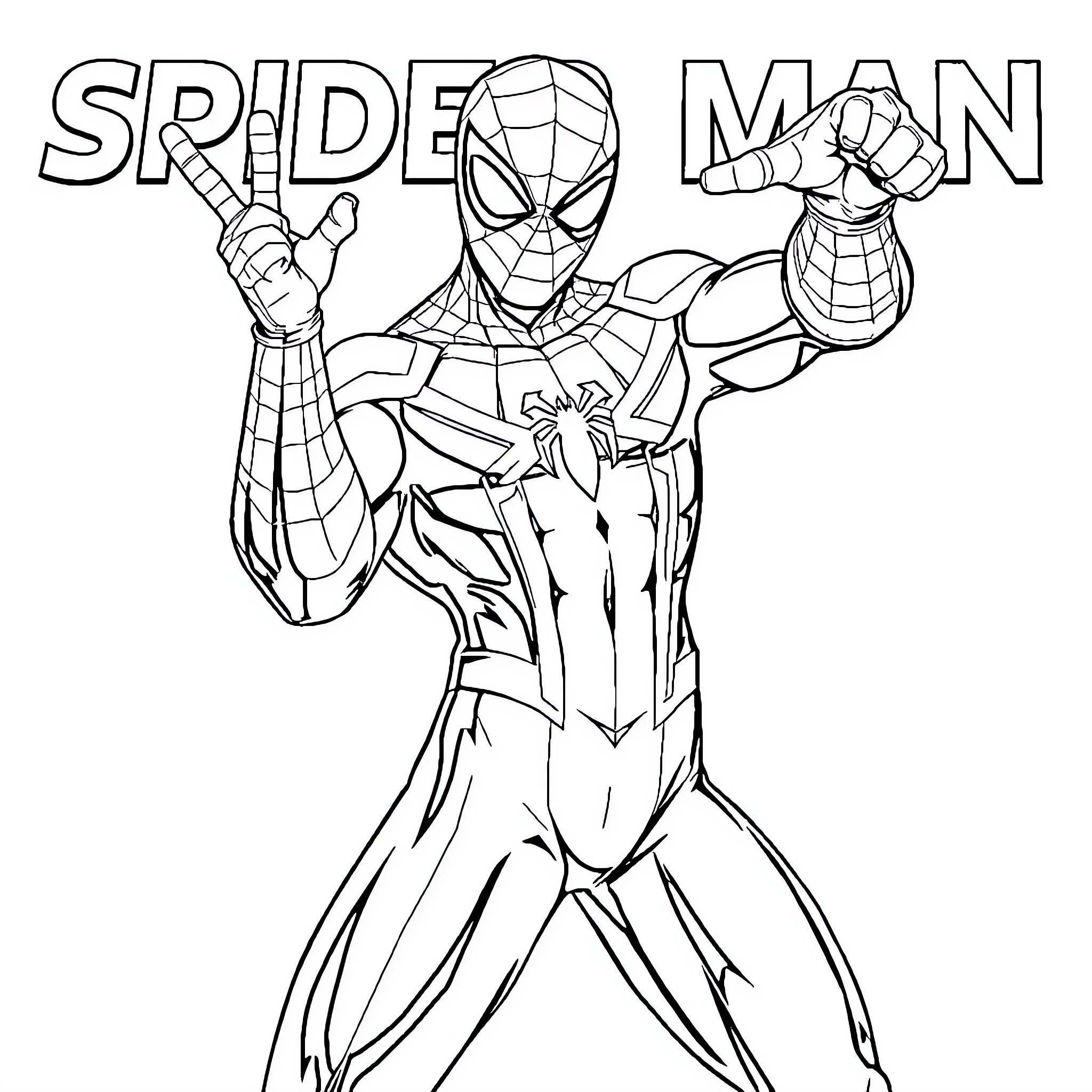 Spiderman in action pose with text Coloring Page (free black-and-white line drawing printable PDF for all, from beginners to advanced learners, including children, teens, adults, and seniors)