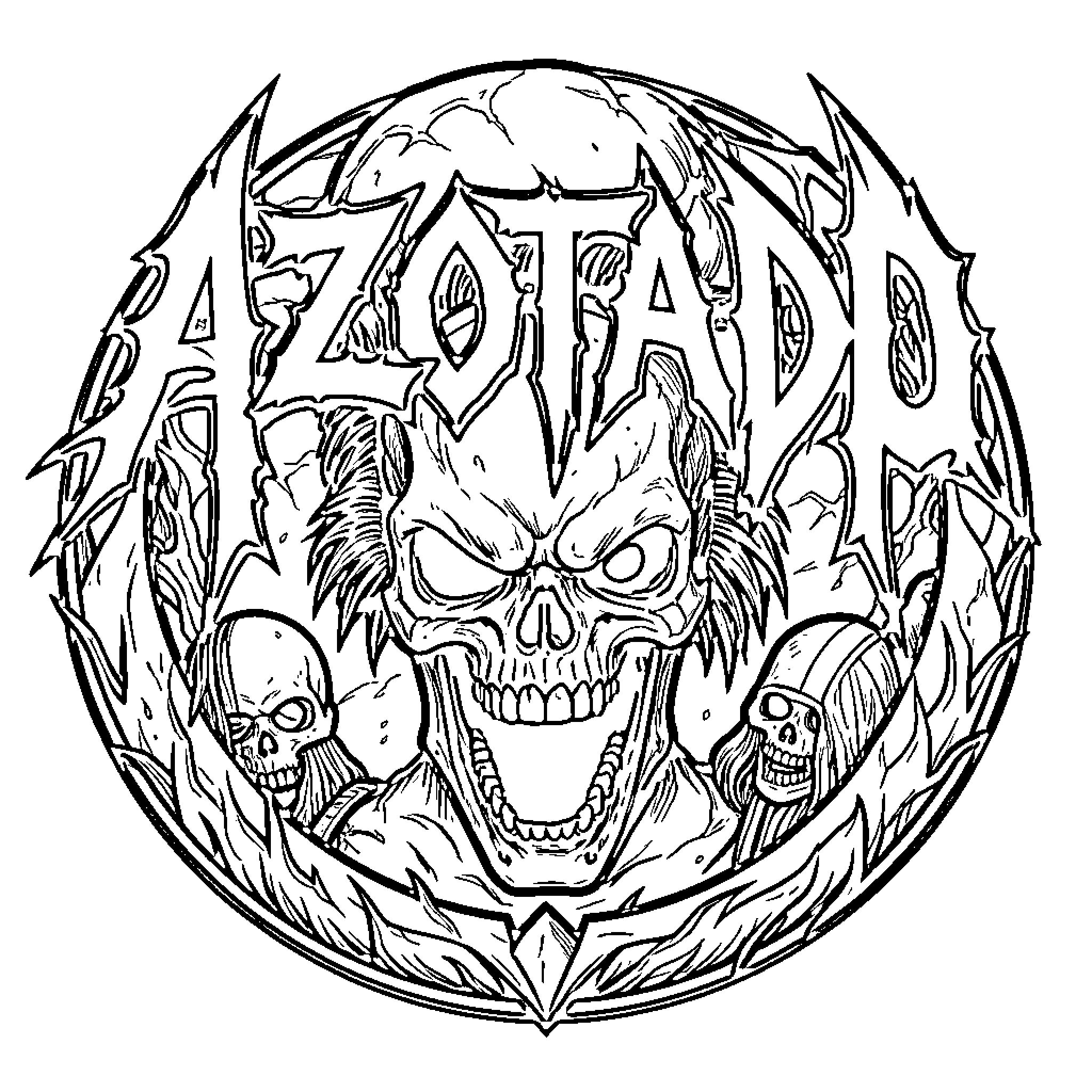 Logo of a menacing skull surrounded by skulls Coloring Page (free black-and-white line drawing printable PDF for all, from beginners to advanced learners, including children, teens, adults, and seniors)