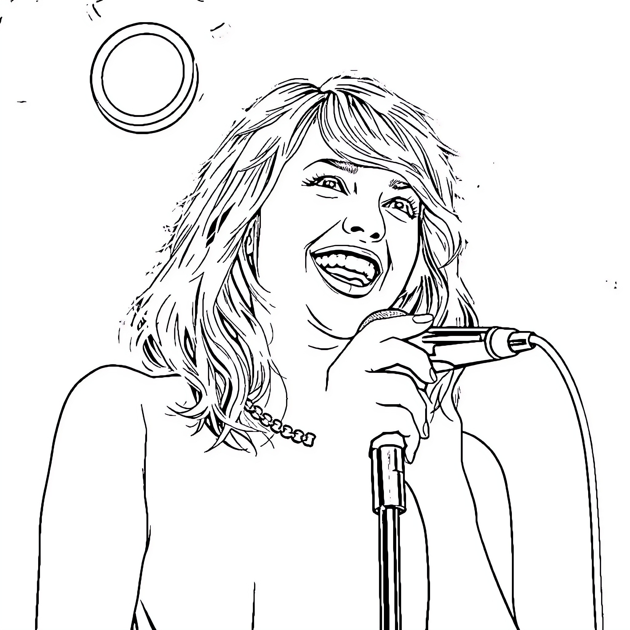 Taylor Swift performing on stage with microphone Coloring Page (free black-and-white line drawing printable PDF for all, from beginners to advanced learners, including children, teens, adults, and seniors)