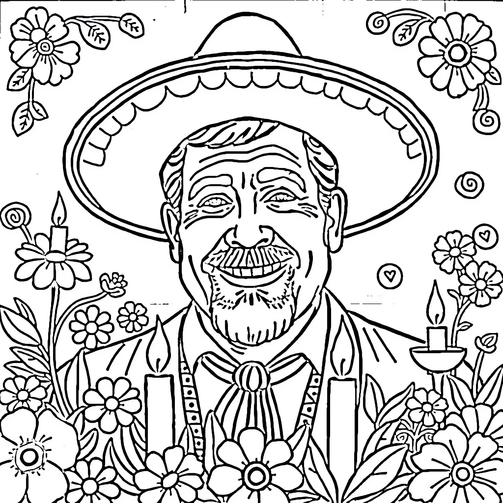 Jesús Malverde surrounded by vibrant floral patterns Coloring Page (free black-and-white line drawing printable PDF for all, from beginners to advanced learners, including children, teens, adults, and seniors)